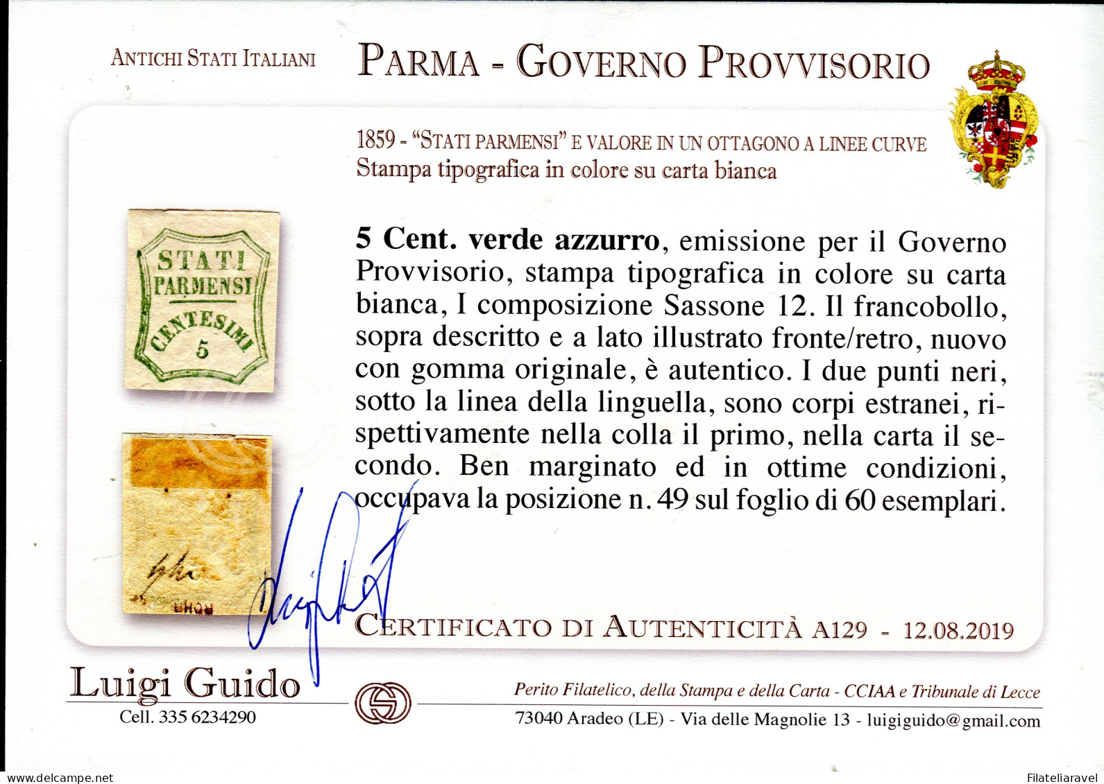 * 1859 Parma - 5 Centesimi  Verde Azzurro Gov.Provvisorio (12) Nuovo Gomma Originale, Certificato L. Guido (7.000) - Parma