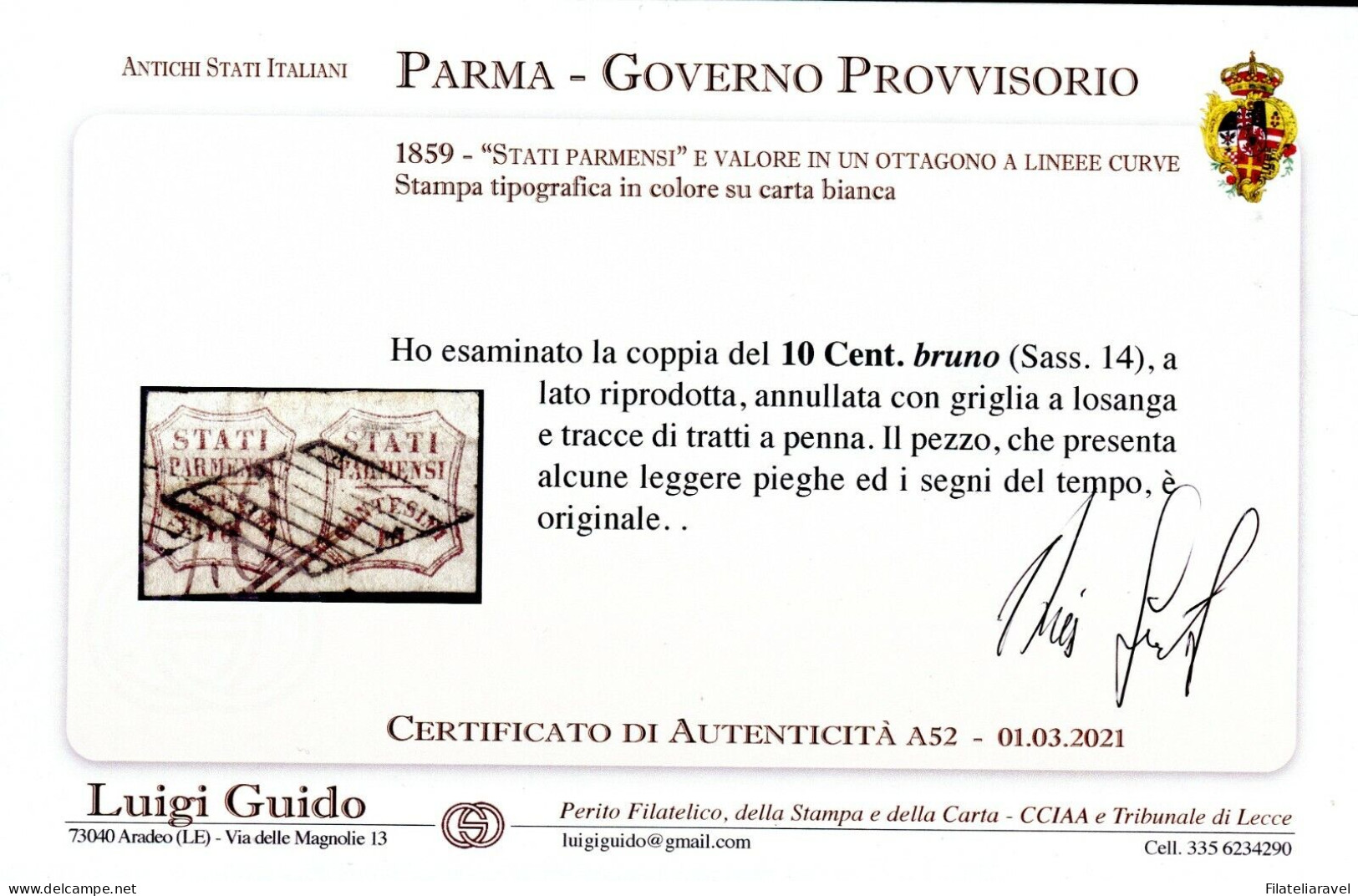 Us 1859 Parma - Coppia 10 Centesimi Bruno Gov.Provvisorio (14) Usato, Buhler & Certificato L. Guido (2500) - Parma