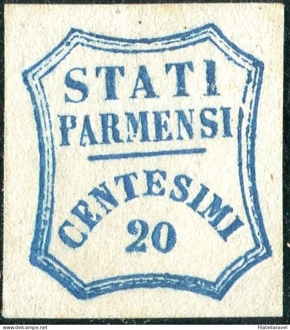 * 1859 Parma - 20 Centesimi Azzurro Gov.Provvisorio (15d) Varietà 0 Grasso, Cert. L.Guido (3250) - Parma