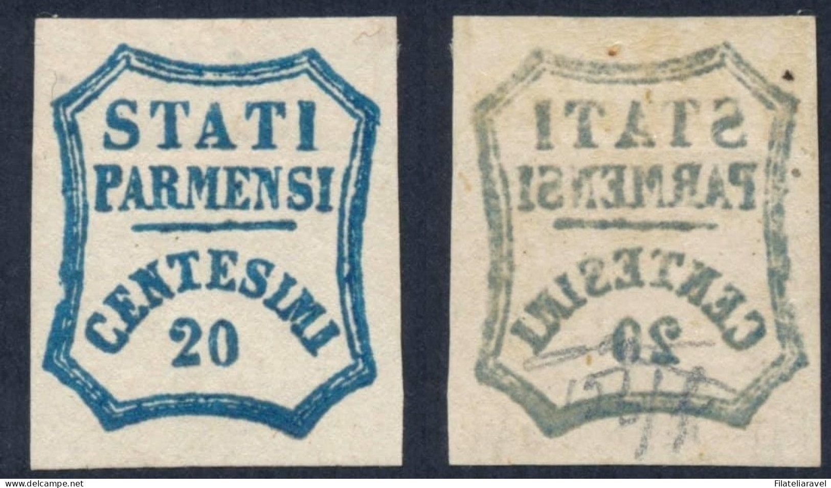 * 1859 Parma - 20 Centesimi Azzurro Scuro Gov.Provvisorio (15b/f) Varietà Decalco, Cert. M.Manzoni (4000) - Parma
