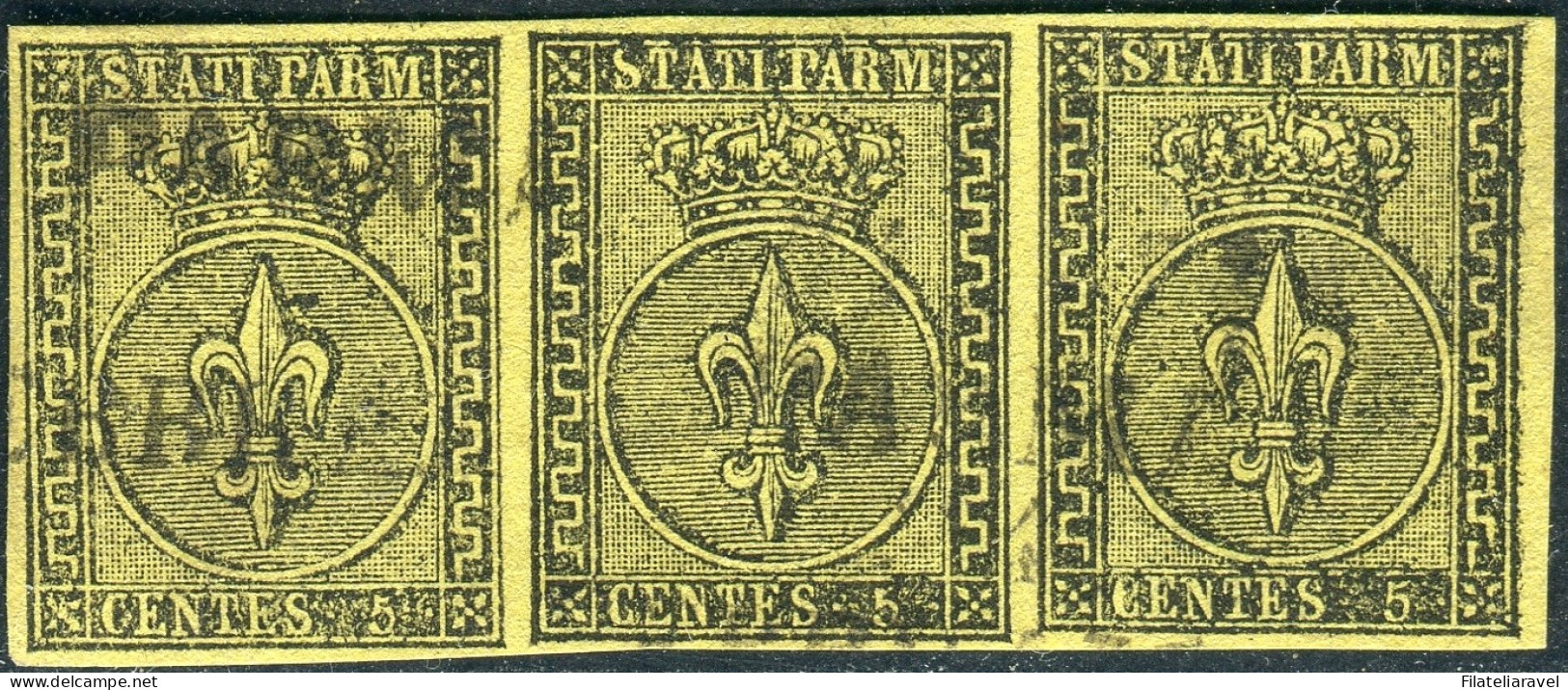 Us 1852 Parma - Striscia Di 3 Esemplari Da 5 Centesimi Giallo (1a), Cert. L.Guido (1.350) - Parma