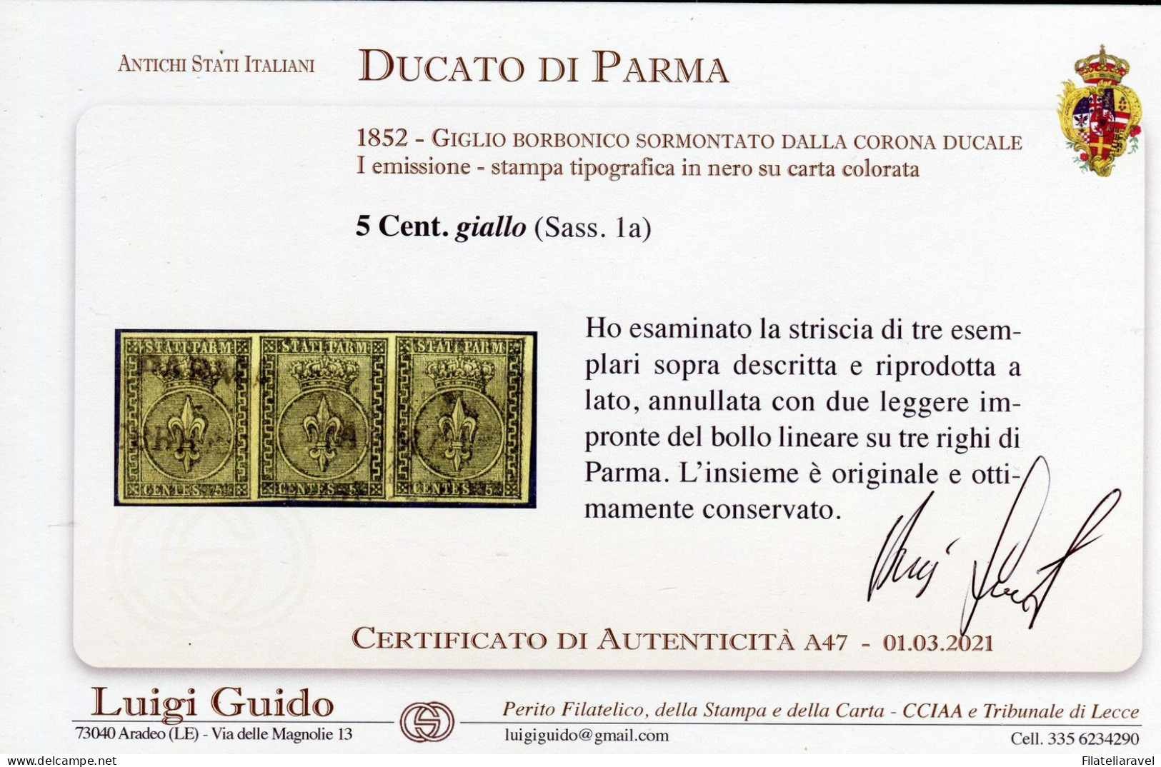 Us 1852 Parma - Striscia Di 3 Esemplari Da 5 Centesimi Giallo (1a), Cert. L.Guido (1.350) - Parma