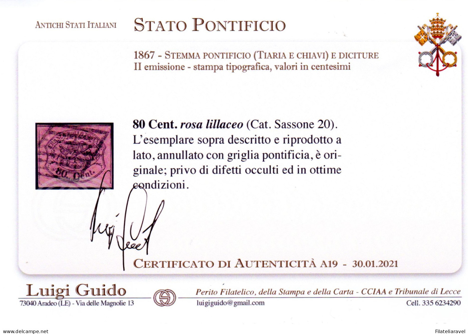 Us Pontificio 1867 80 Centesimi N 20 Cert Guido - Stato Pontificio