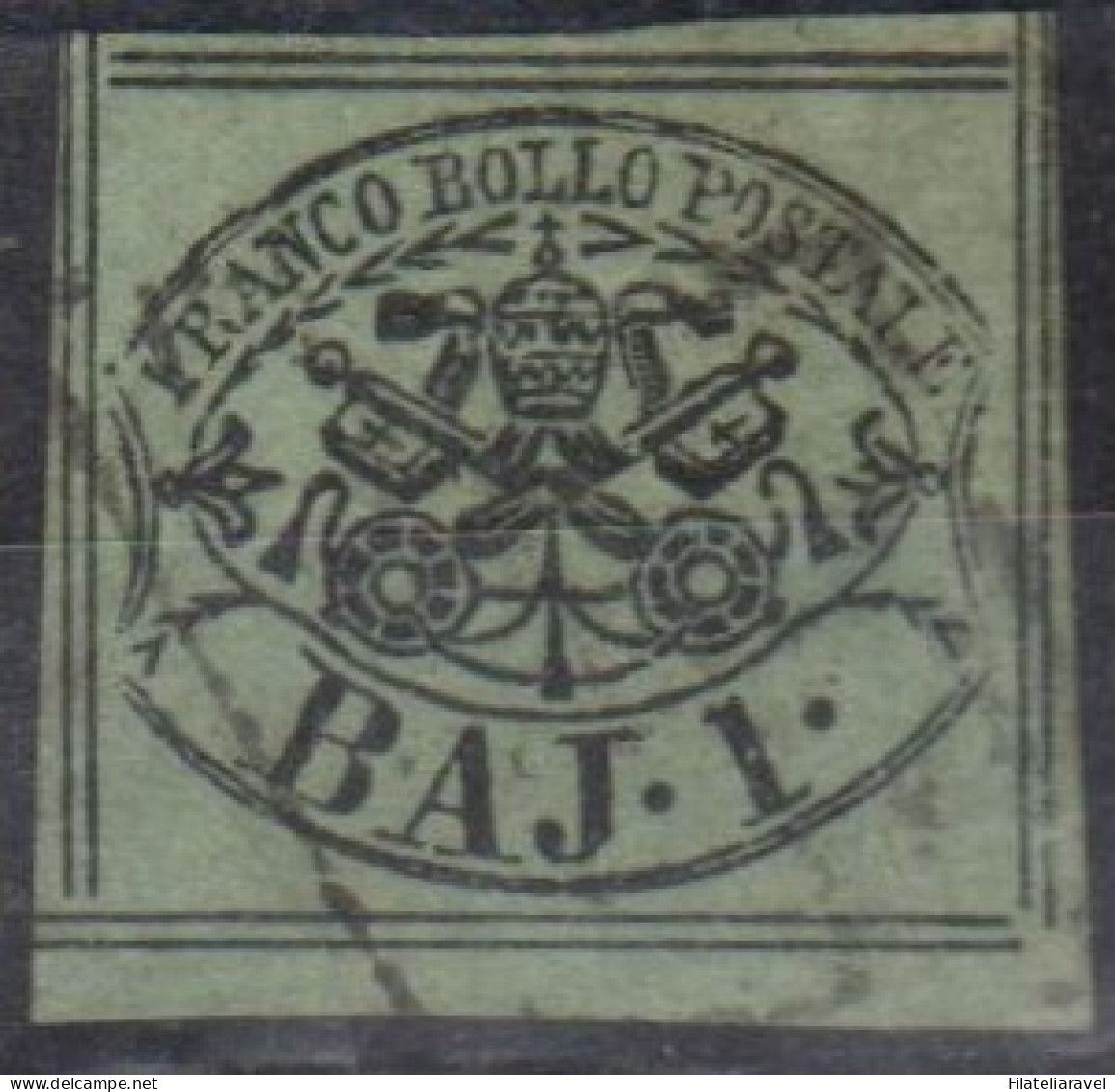 Us Pontificio 1852 1 Baj Verde Scuro 8 Filetti Angolo Di Foglio - Estados Pontificados