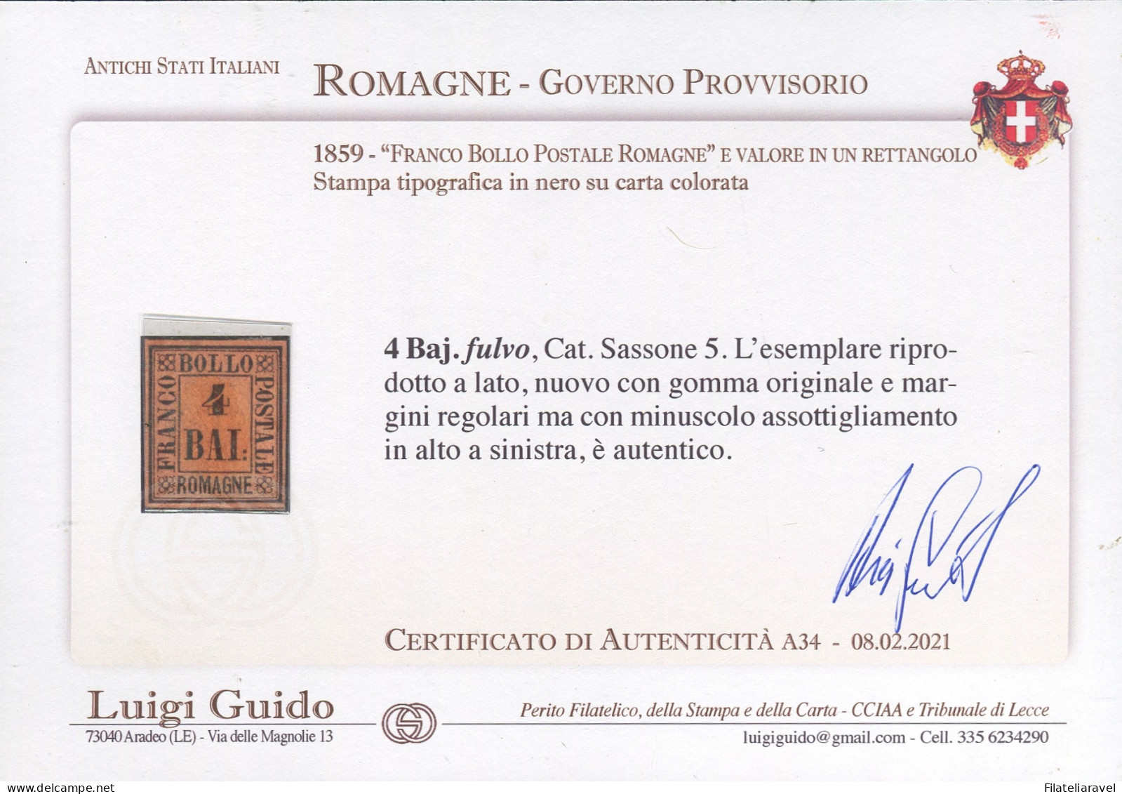 * 1859  Romagne - 4 Baj  Fulvo (5) Nuovo Con Gomma, Cert. L.Guido (1.500) - Romagna