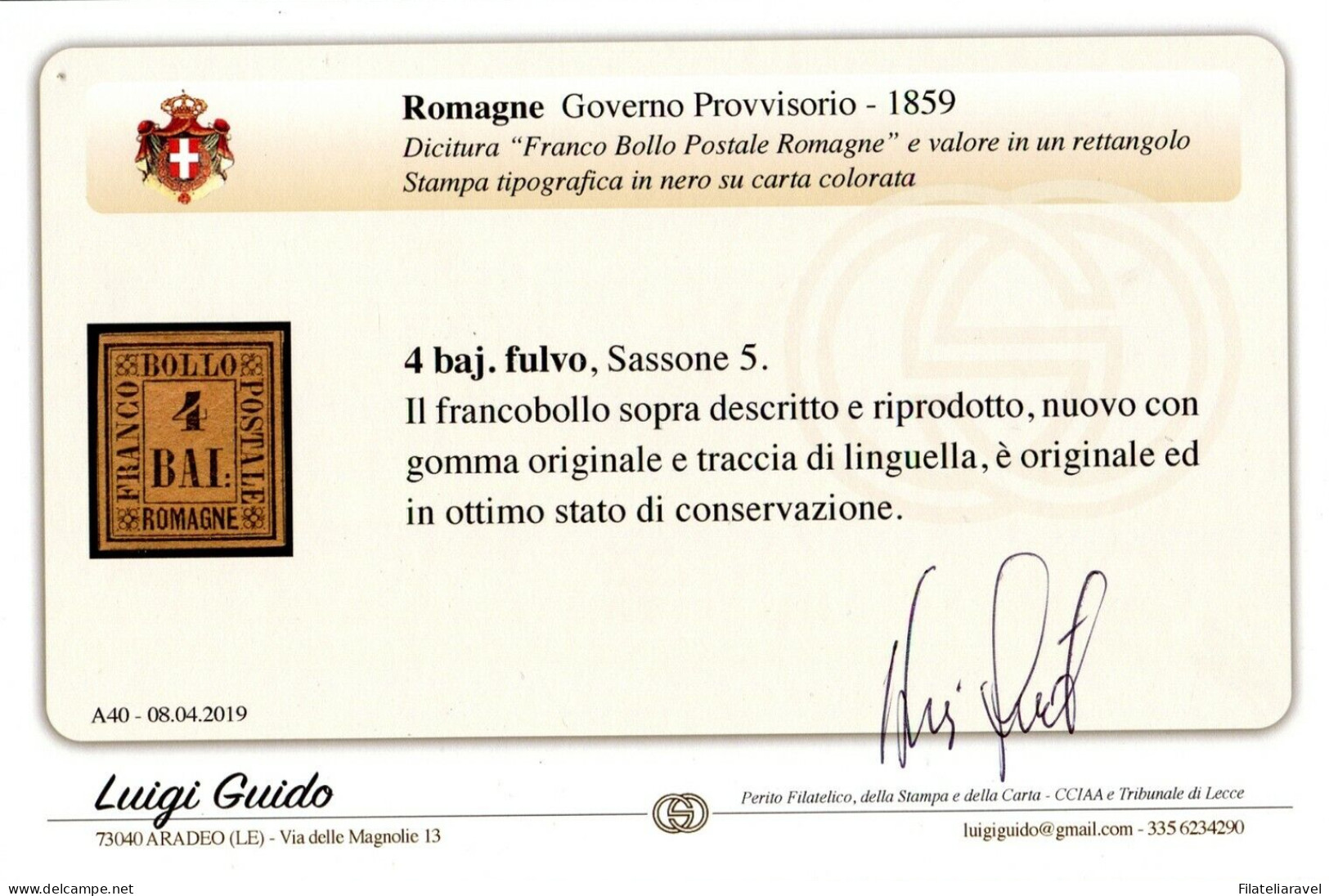 * 1859 Romagne - 4 Baj  Fulvo (5) Nuovo Con Gomma, Diena, Cert. L.Guido (1.500) - Romagna