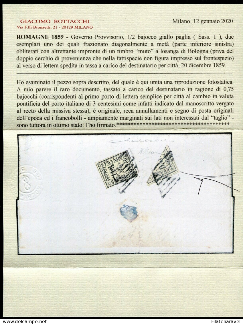 Ltr 1859 - Romagne - Lettera Con 1/2 Baj + 1/2 Baj Frazionato RARA, Diena E Doppia Certificazione G. Bottacch - Romagne