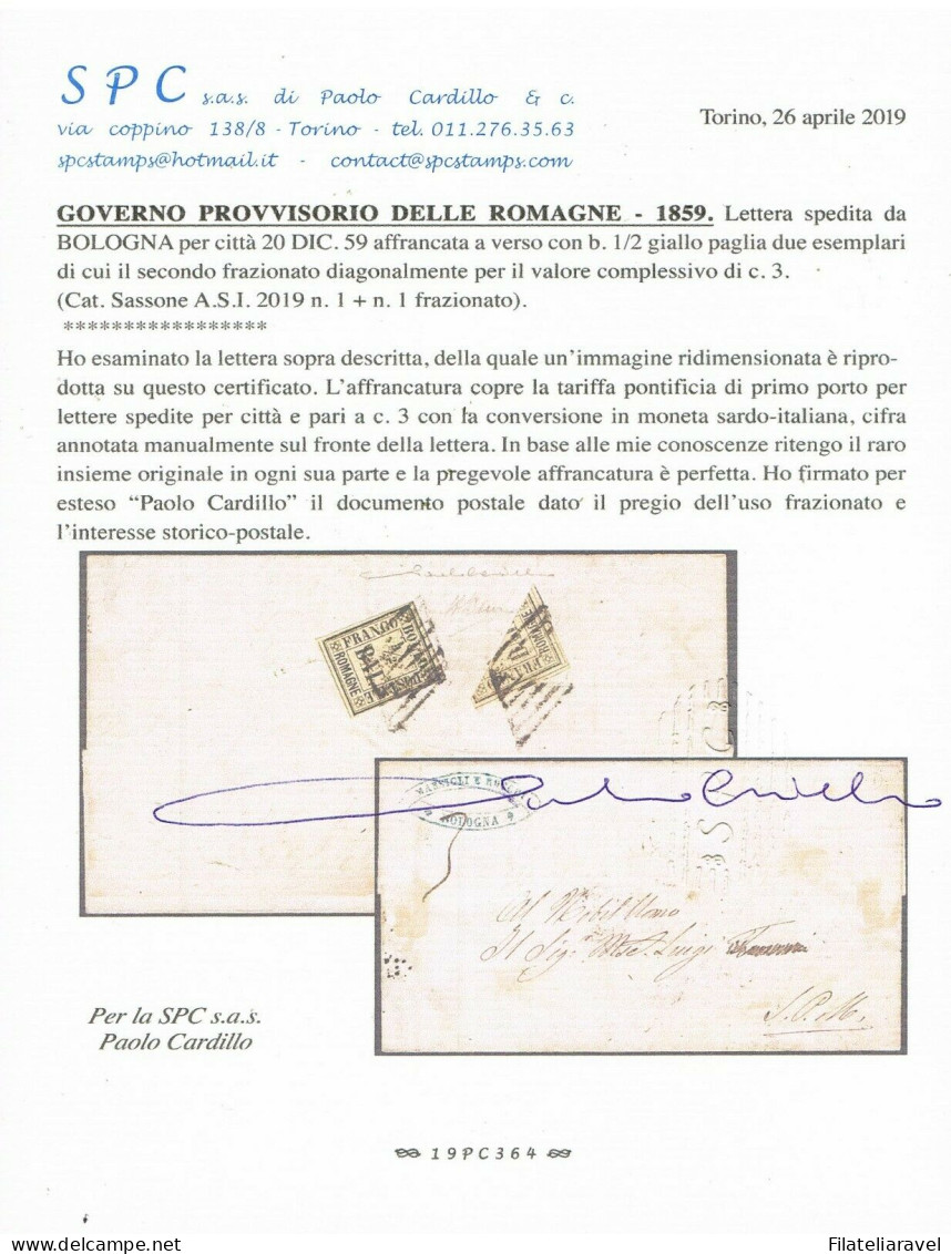 Ltr 1859 - Romagne - Lettera Con 1/2 Baj + 1/2 Baj Frazionato RARA, Diena E Doppia Certificazione G. Bottacch - Romagna