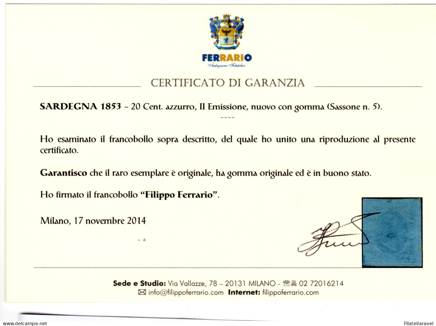 * SARDEGNA 1853  20 Cent Azzurro Nuovo Con Gomma Cert. Ferrario (50000) - Sardinia