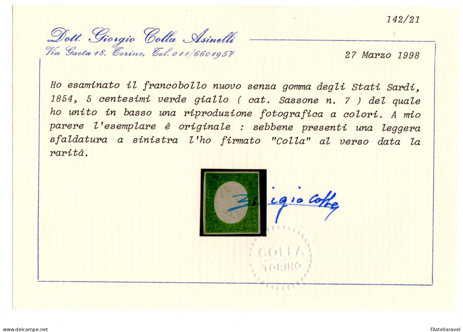 Sg SARDEGNA 1854 5 Cent Verde Senza Gomma Cert. Colla (32000) - Sardinia
