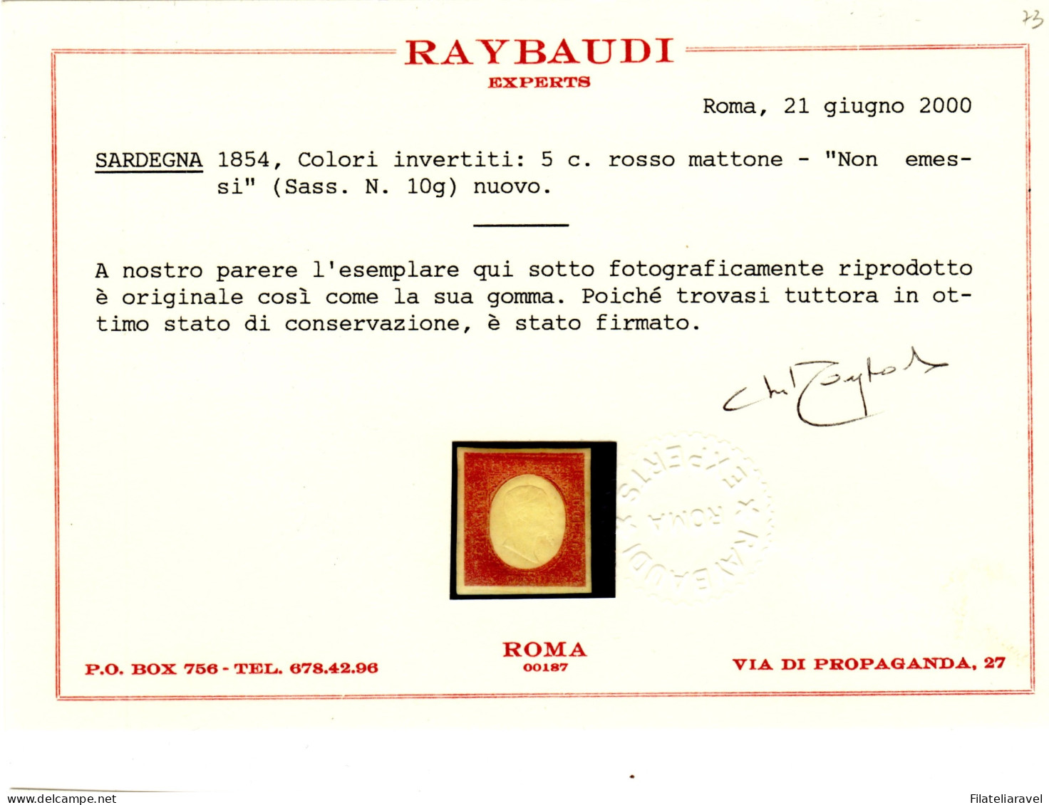 * SARDEGNA 1854 5 Cent  Non Emesso Con Colori Invertiti Sassone N 10g Cert. Raybaudi (1300) - Sardinia