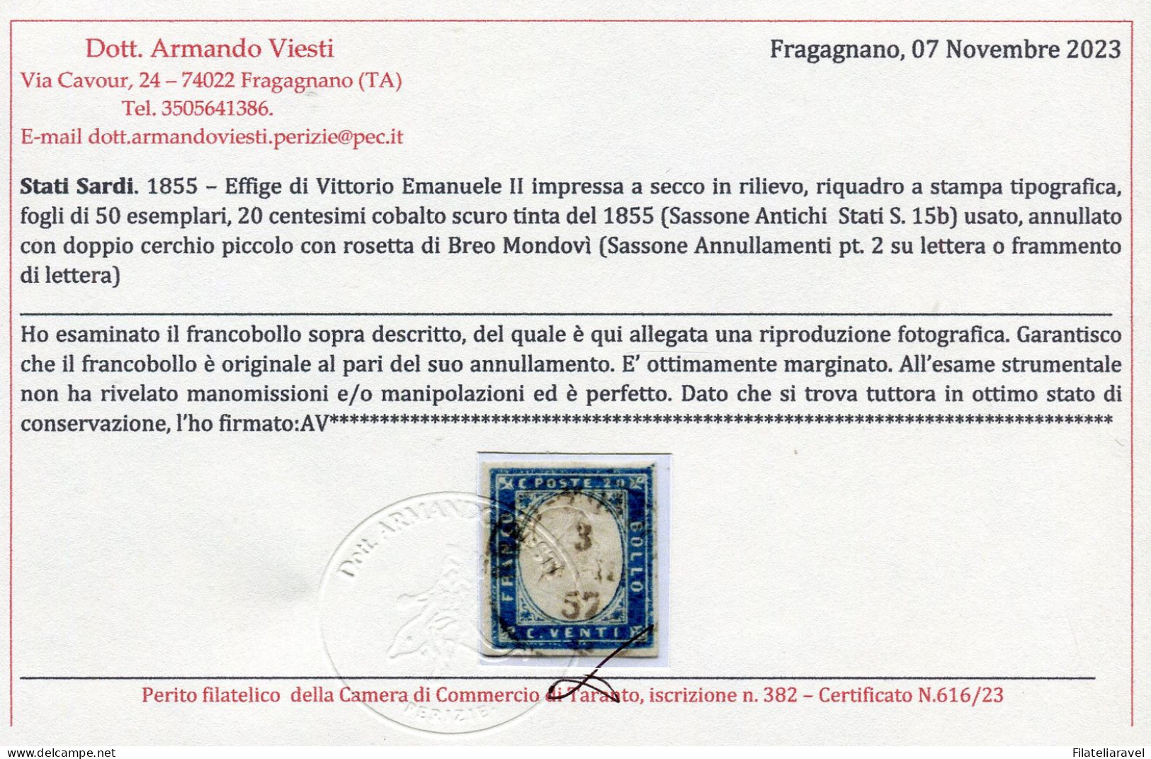 Us 1855 - “IV Emiss. Sardegna” C.20 Cobalto Scuro (15b) Tinta Del 55 Usato A Breo Mondovì, Cardillo & Cert.Viesti - Sardinia