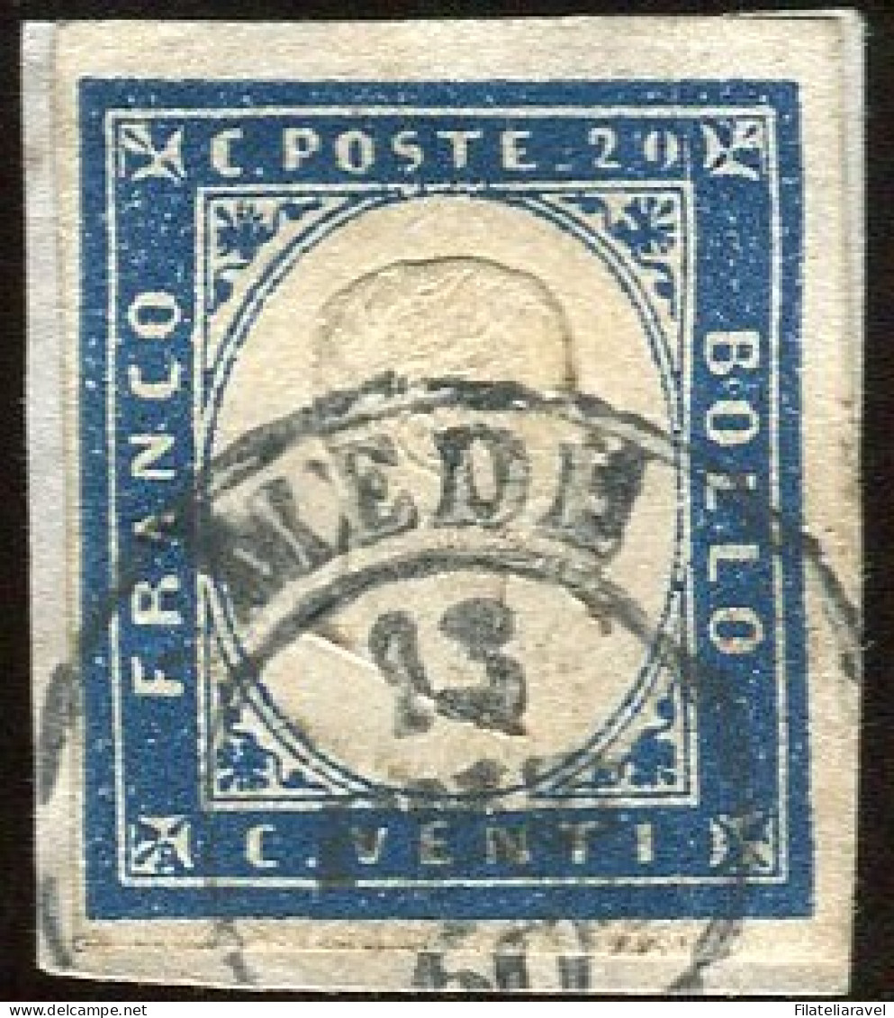 Us 1855 - “IV Emiss. Sardegna” C.20 Azzurro (15Ca) Usato A Mede (P.ti 10), Cardillo& Cert.Viesti - Sardaigne
