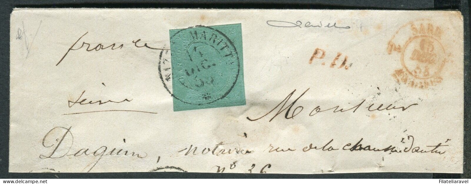 Fr 1853 – Frammento Di Lettera Da Nizza Marittima A Parigi Il 14 Dicembre 1853, Affrancata Con C. 5 Verde (4), Cert. P.  - Sardinia