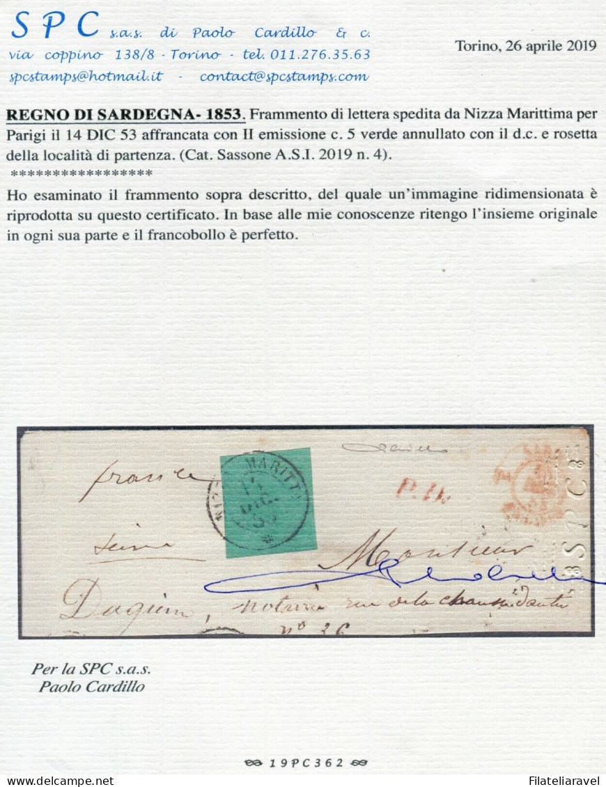 Fr 1853 – Frammento Di Lettera Da Nizza Marittima A Parigi Il 14 Dicembre 1853, Affrancata Con C. 5 Verde (4), Cert. P.  - Sardinia