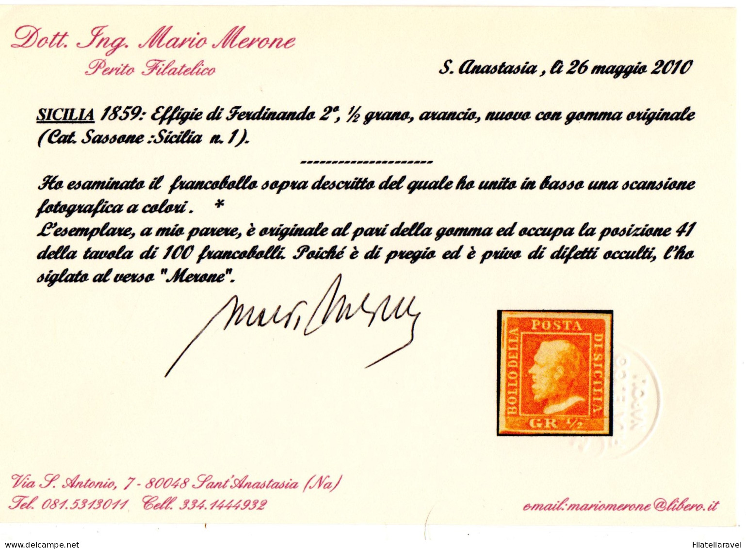 * Sicilia 1859 Mezzo Grano II Tavola Splendido Cert. Merone  (1300) - Sicily