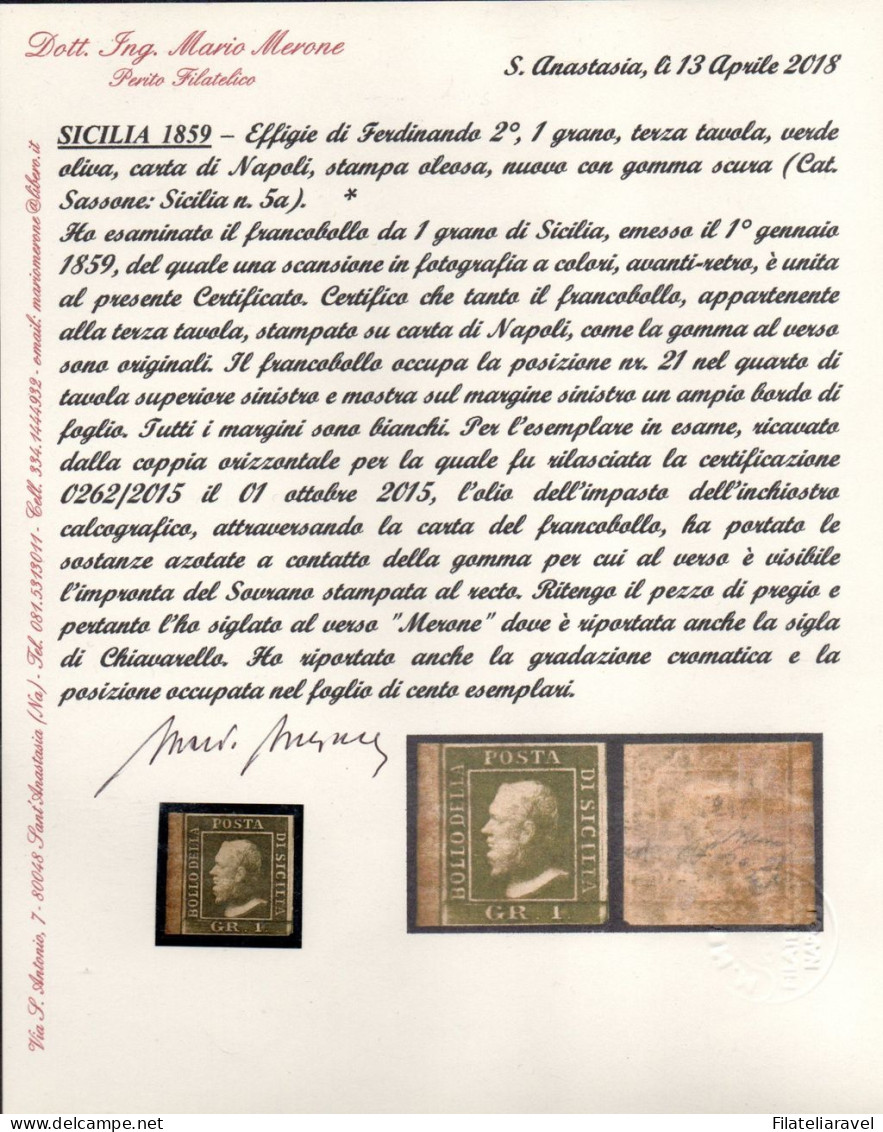 * 1859 - Sicilia - 1 Grana Verde Oliva (5a) Carta Di Napoli, Stampa Oleosa Bdf, Cert. M. Merone (12.000) - Sicilië