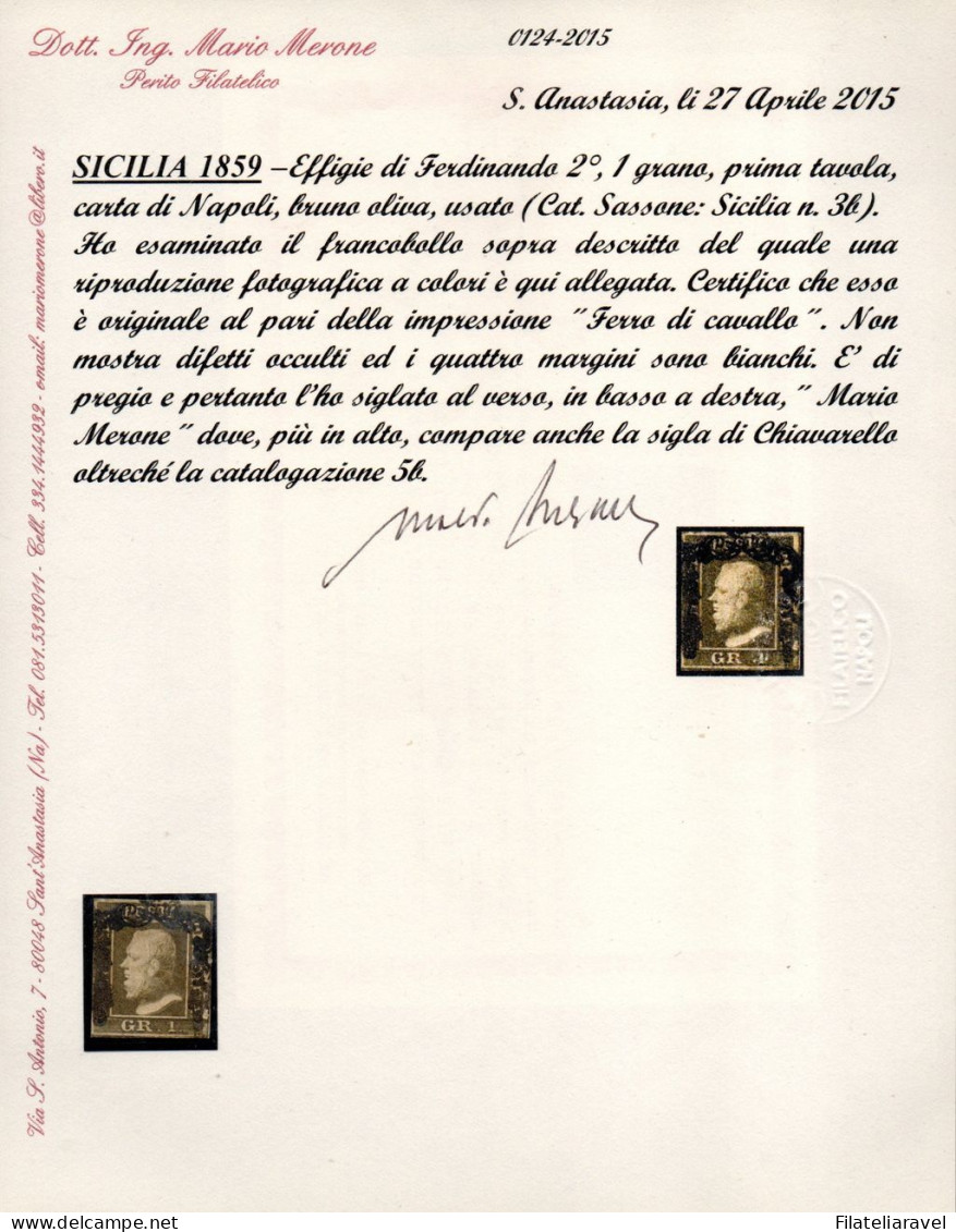 Us 1859 - Sicilia - 1 Grana Bruno Oliva (3b) I Tav. Carta Di Napoli, Cert Chiavarello/Merone (15.000) - Sicile