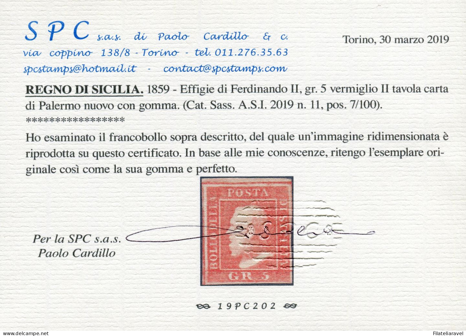 * 1859 - Sicilia "5 Grana Vermiglio" (11) Nuovo BDF II Tavola Carta Di Palermo Posizione 7/100, Diena Cert.Cardillo (1.3 - Sicilia