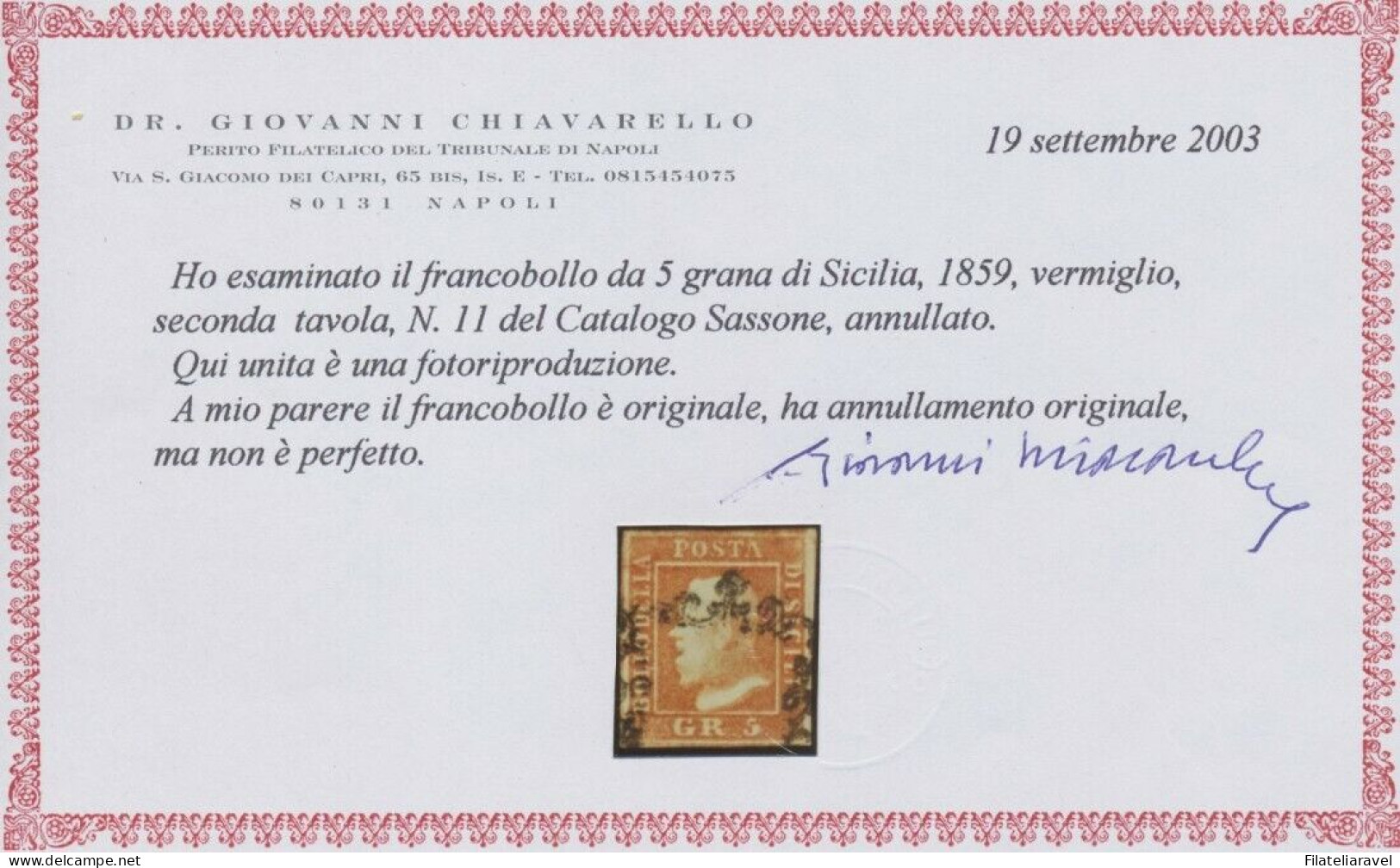 Us 1859 - Sicilia "5 Grana Vermiglio" (11) Usato II Tavola Non Perfetto, Cert.Chiavarello (5.500) - Sizilien