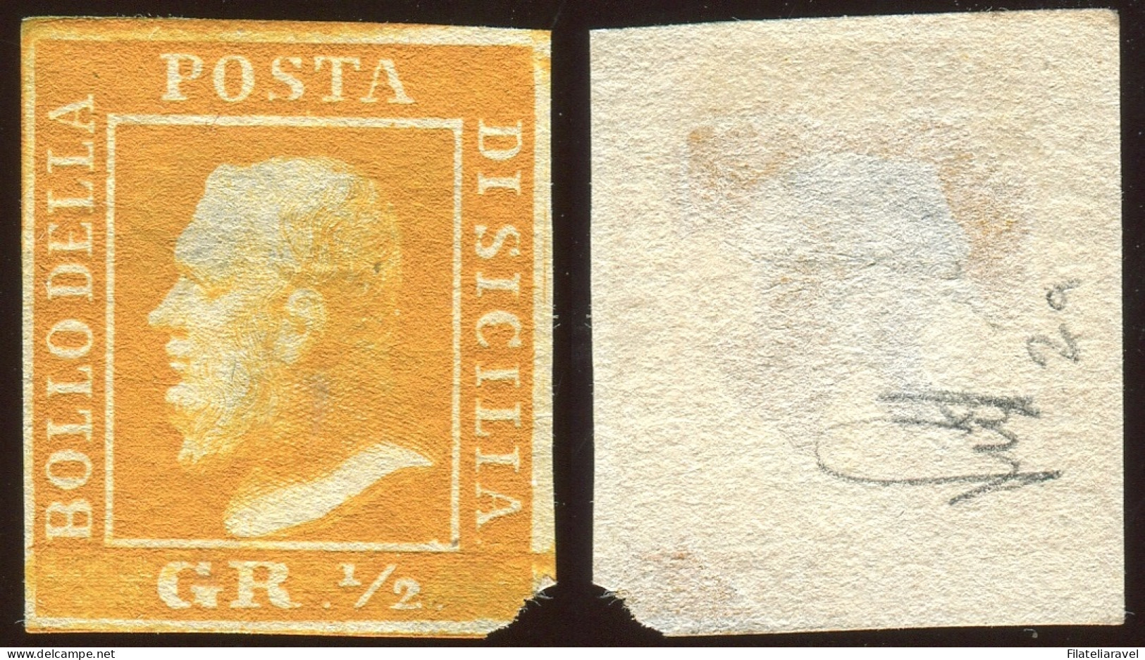 Sg 1859 - Sicilia " ½  Grana Arancio"(2a) Nuovo SG II Tav. Carta Di Napoli Difettoso Ma Raro, Vert. L.Guido (1.500) - Sicile