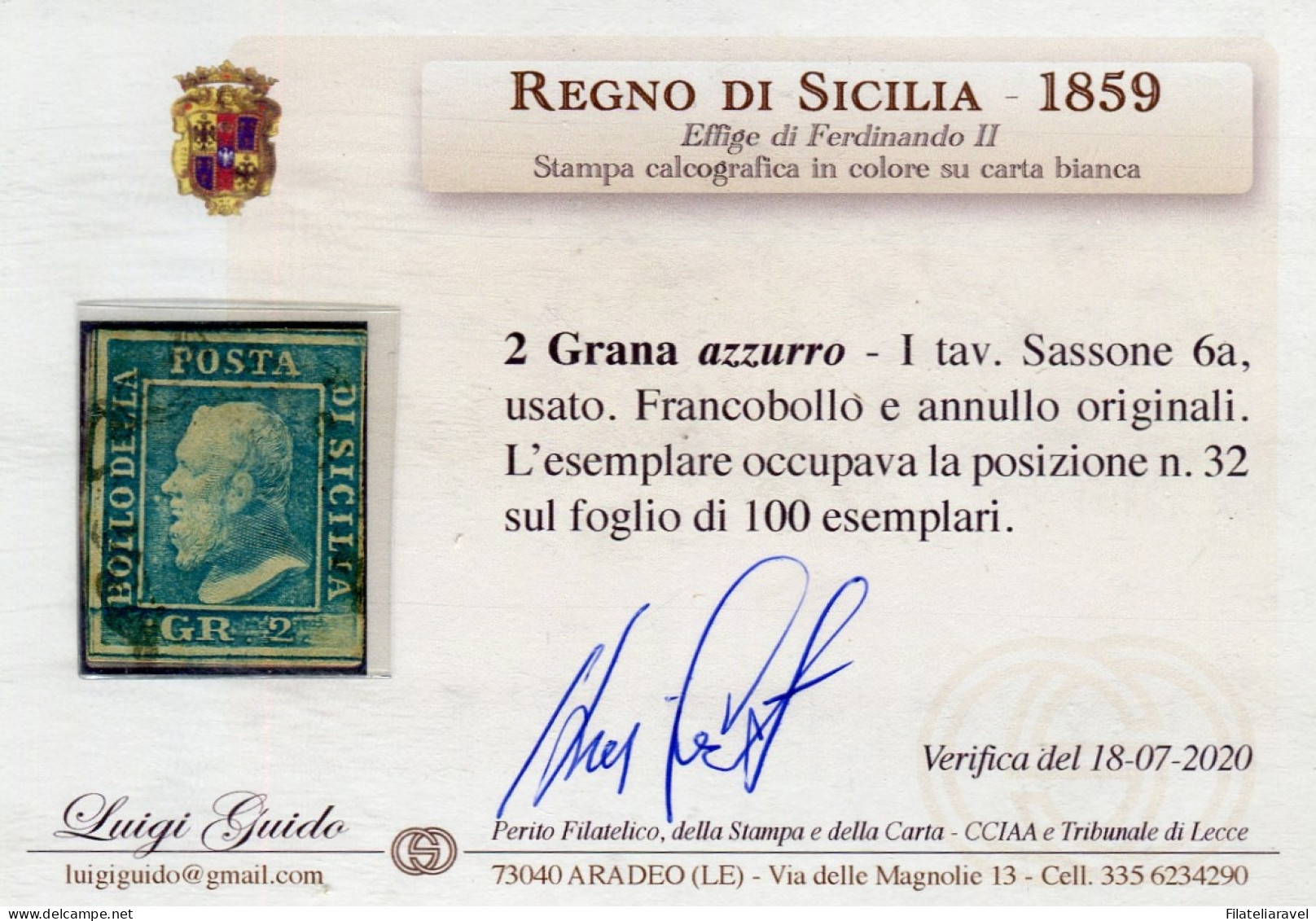 Us 1859 - Sicilia "2 Grana Azzurro " (6a) I Tav. Carta Di Napoli Usato Pos. 32/100, Ver. L. Guido (225) - Sicile