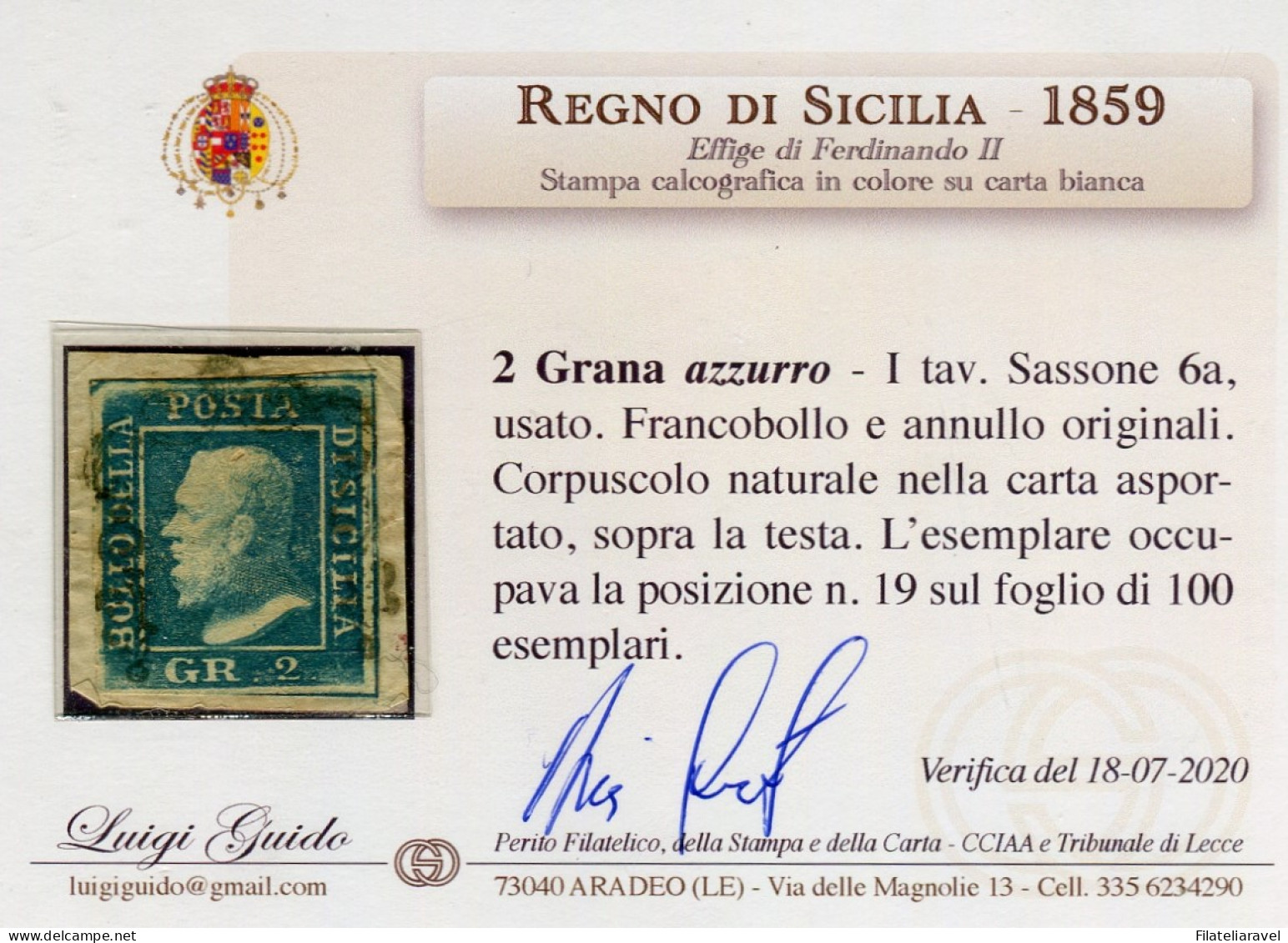 Fr 1860 - Sicilia "2 Grana Azzurro " (6a) I Tav. Carta Di Napoli Usato Pos. 19/100, Diena & Ver. L. Guido (275) - Sicily