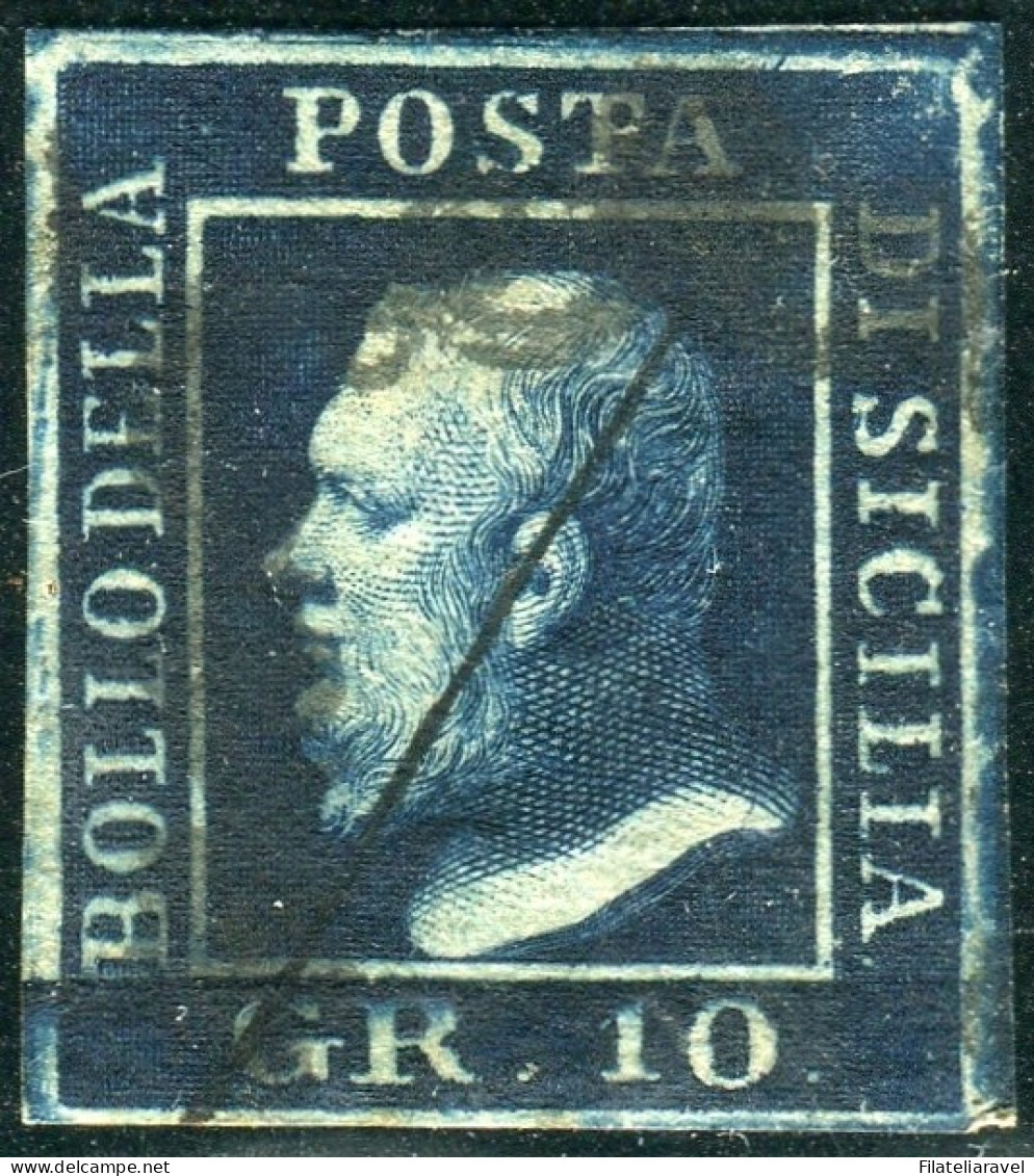 Us 1859 - Sicilia "10 Grana Azzurro Cupo" Stampa Oleosa (12) Usato Pos. 75/100 , Diena & Cert. L. Guido (900) - Sicily