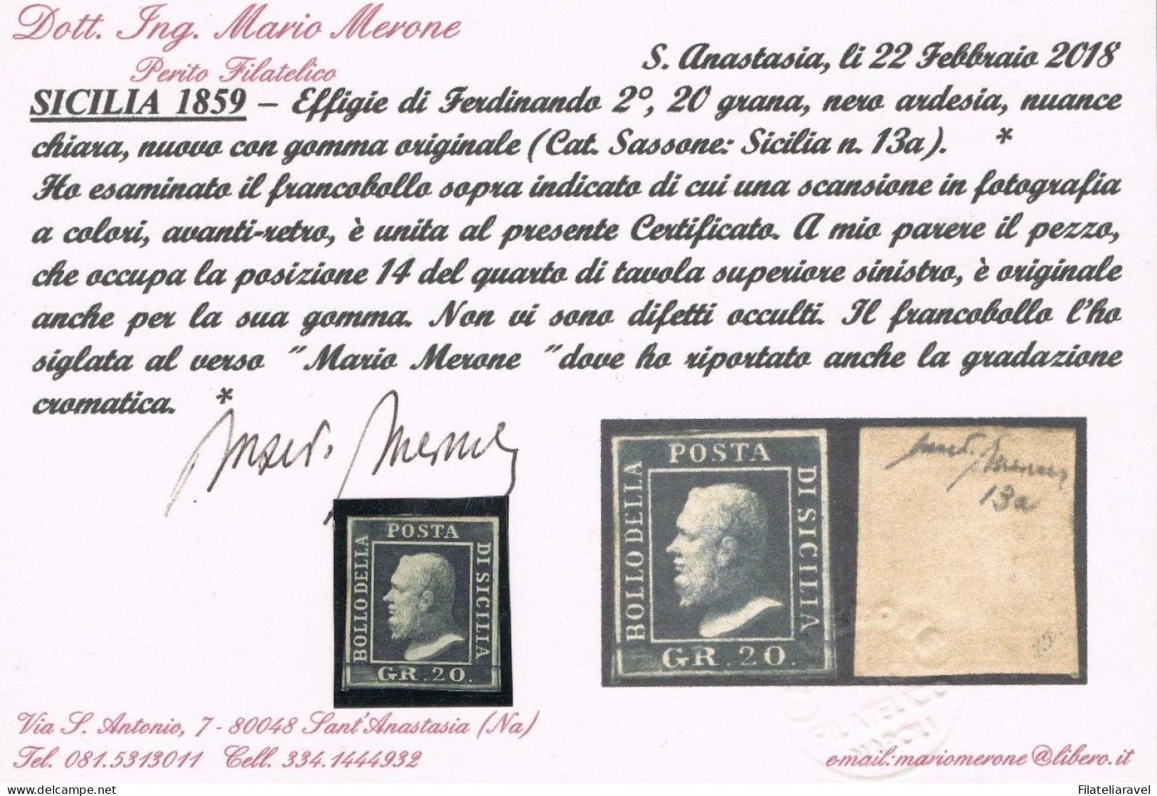 * 1859 - Sicilia "20 Grana Nero Ardesia" (13a) Nuovo, Tinta RARA, Cert. M.Merone (16.000) - Sicilië