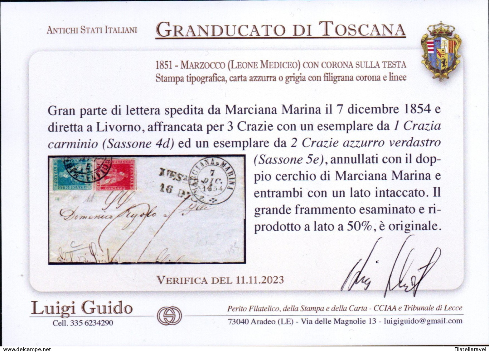 Ltr 1851 - Toscana - Lettera Da Marciana Marina A Livorno,1 Crazie (4d)+2cr (5e) Verifica Guido, Firmato Diena (2.125) - Toscane
