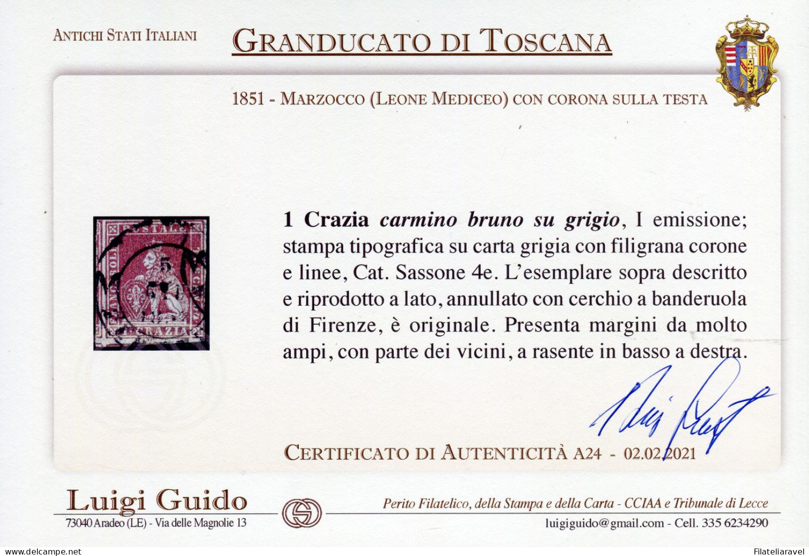 Us 1851 - Toscana - 1 Crazia Carminio Bruno Su Grigio (4e) Usato Con Parte Dei Vicini. Bottacchi - Biondi &  Cert. L. Gu - Tuscany