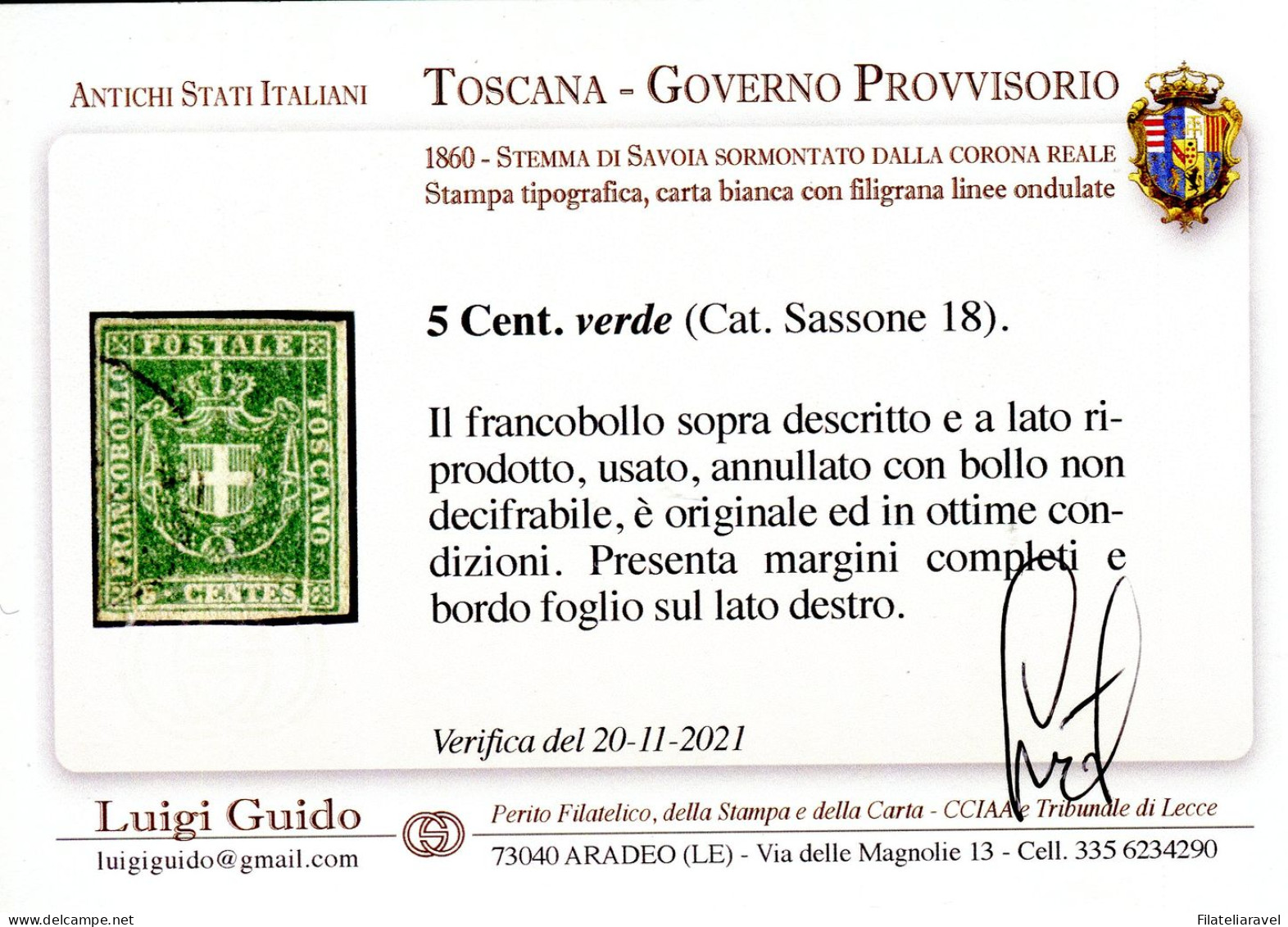 Us 1857 "Toscana Governo Provvisorio" C.5 Verde (18) Perfetto Bordo Foglio. Ver. L Guido - Tuscany