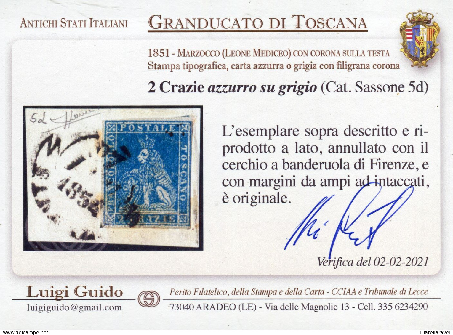 Fr 1851 - Toscana - 2 Crazie Azzurro Su Grigio (5d) Usato Su Frammento A Firenze, Sorani & Ver. L. Guido - Toskana