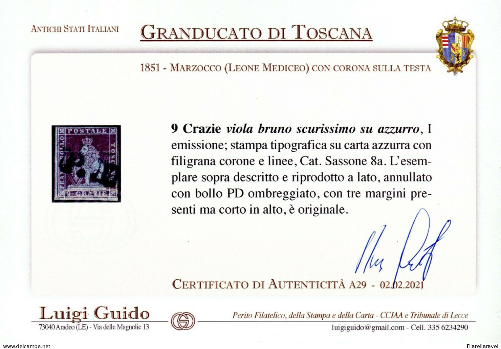 Us 1851 - Toscana - 9 Crazie Viola Bruno Scurissimo Su Azzurro (8a) Usato Annullo PD, Cert. L. Guido - Tuscany