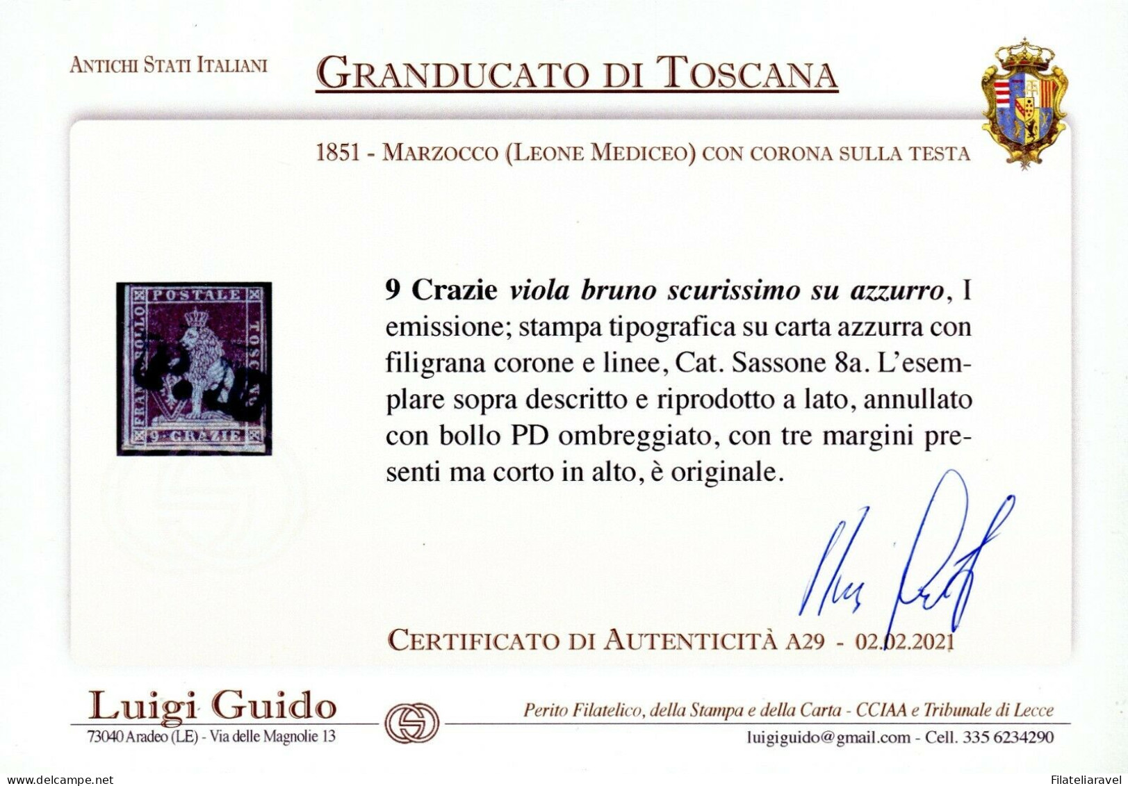 Us 1851 - Toscana - 9 Crazie Viola Bruno Scurissimo Su Azzurro (8a) Usato Annullo PD, Cert. L. Guido - Toscane