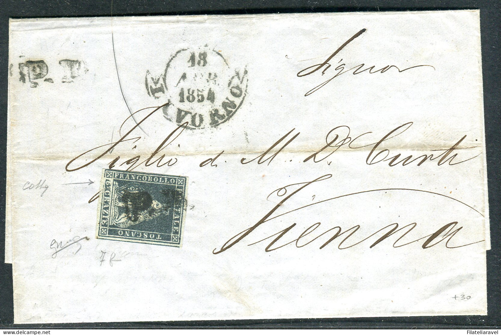 Ltr 1851 "Toscana" Lettera Livorno Per Vienna, 6 Cr Con Difetto Occasionale Presso La Cifra 6 (7f) Cert.Colla - Toscane