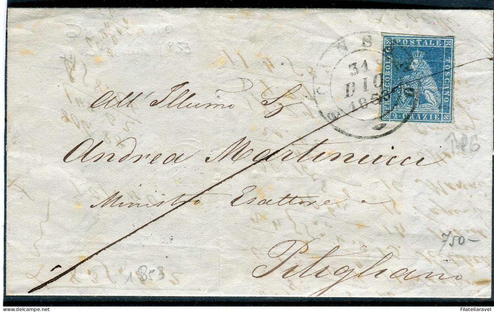 Ltr 1852 "Toscana" Lettera Scansano A Pitigliano, 2 Crazie Azzurro Su Grigio Perfetto (5d) Scansano Punti 6 (1.800) - Toscane