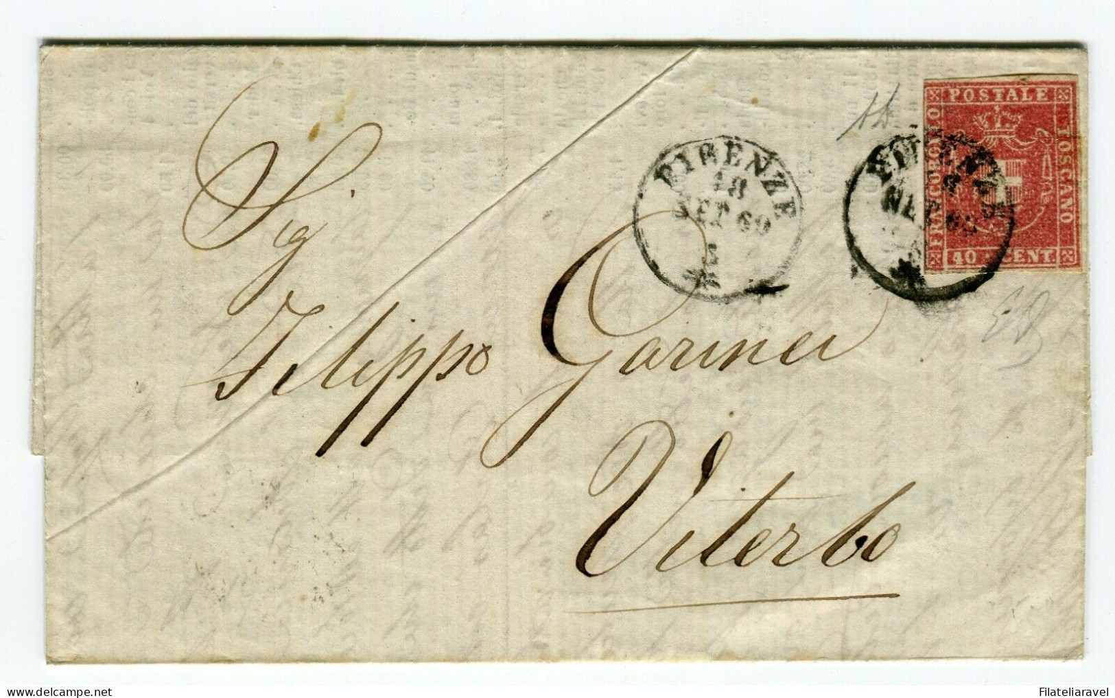 Ltr 1860 "Toscana" Lettera Da Firenze Per Viterbo, 40c Carminio Scarlatto (21a) Diena Cert. L.Guido (3.250) - Toskana