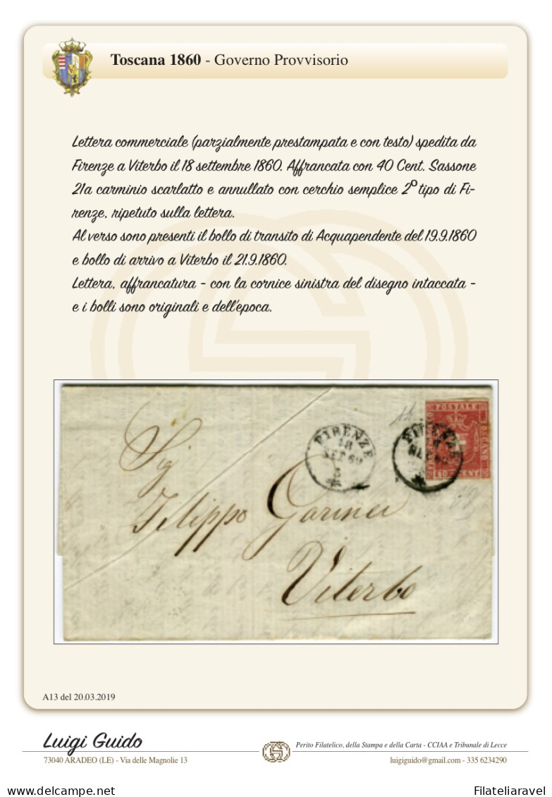 Ltr 1860 "Toscana" Lettera Da Firenze Per Viterbo, 40c Carminio Scarlatto (21a) Diena Cert. L.Guido (3.250) - Toskana