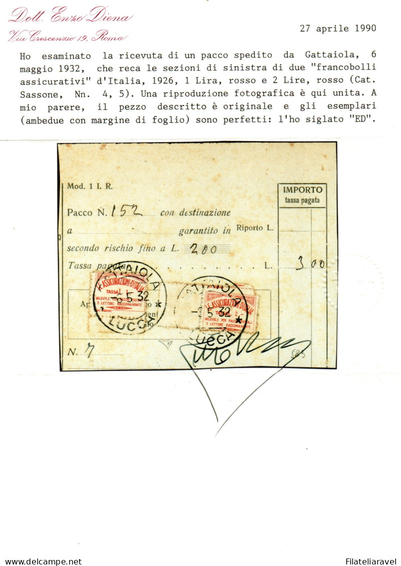 Us 1932 - Regno - Ricevuta Di Un Pacco Spedita Da Gattaiola,con Margine Di Foglio 1l (4)+2l (4/5),Cert. E. Diena (5.100) - Assurés