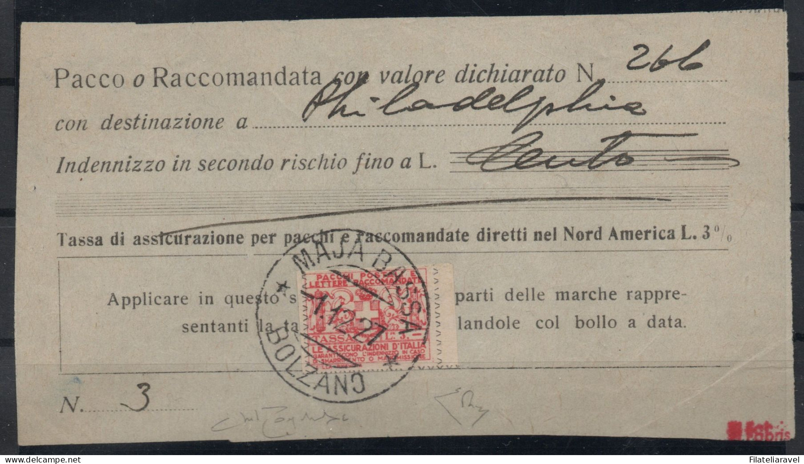 Us 1927 -Regno - Modulo Di Assicurazione ,Plico Da Maja Bassa A Philadelphia, Sezione Di Dx 3l Rosso (6) ,Cert.Ray/Diena - Insured