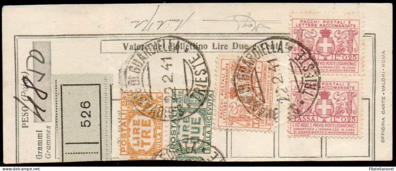 Us 1936 - Regno - Marche Assicurative,II° Parte Su Ricevuta Da Trieste ,coppia 25c (11)+1l (13) ,Cert.Fabris (1.150) - Assurés