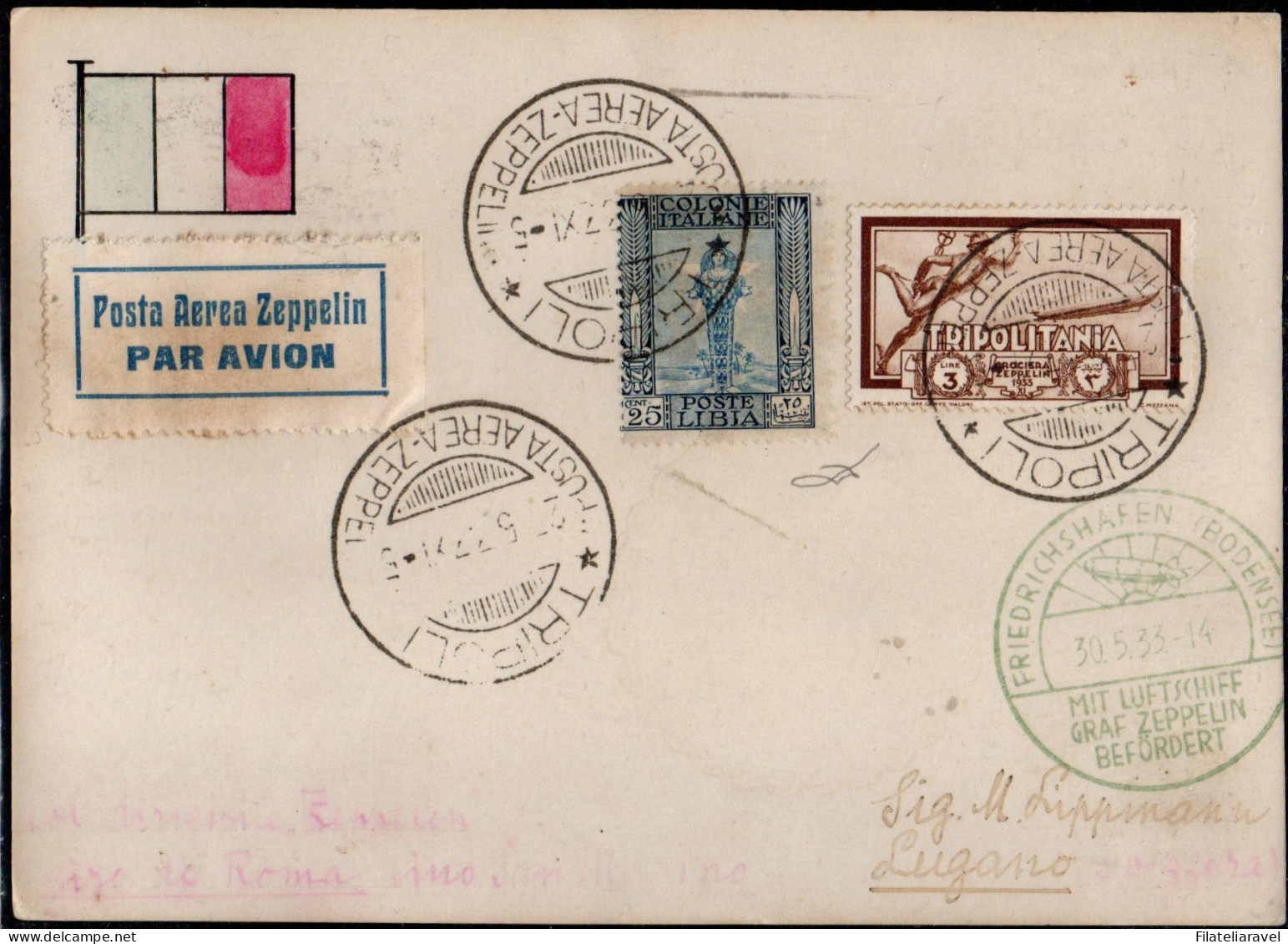 Ltr 1933 - Zeppelin - Cartolina Posta Aerea Zeppelin Da Tripoli, Libia 25c (49) Tripolitania 3L (22) Cert. Viesti (600) - Marcophilie (Zeppelin)