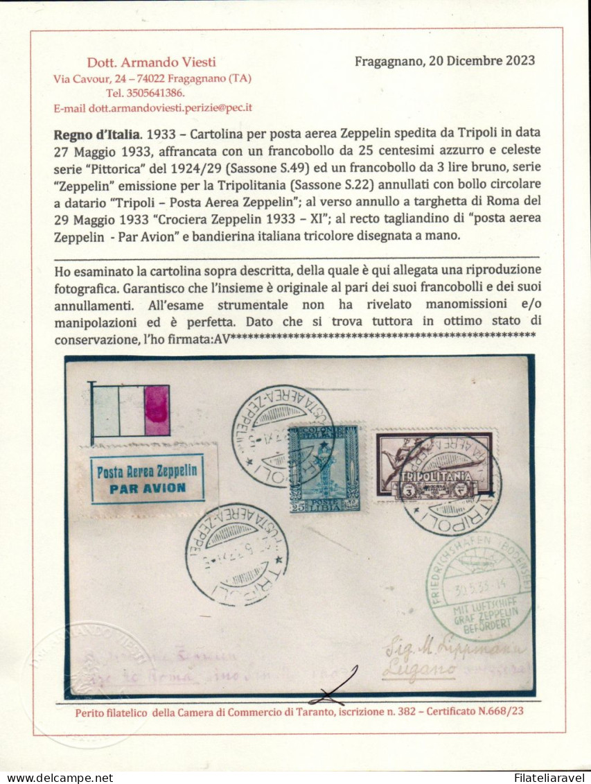 Ltr 1933 - Zeppelin - Cartolina Posta Aerea Zeppelin Da Tripoli, Libia 25c (49) Tripolitania 3L (22) Cert. Viesti (600) - Marcophilie (Zeppelin)