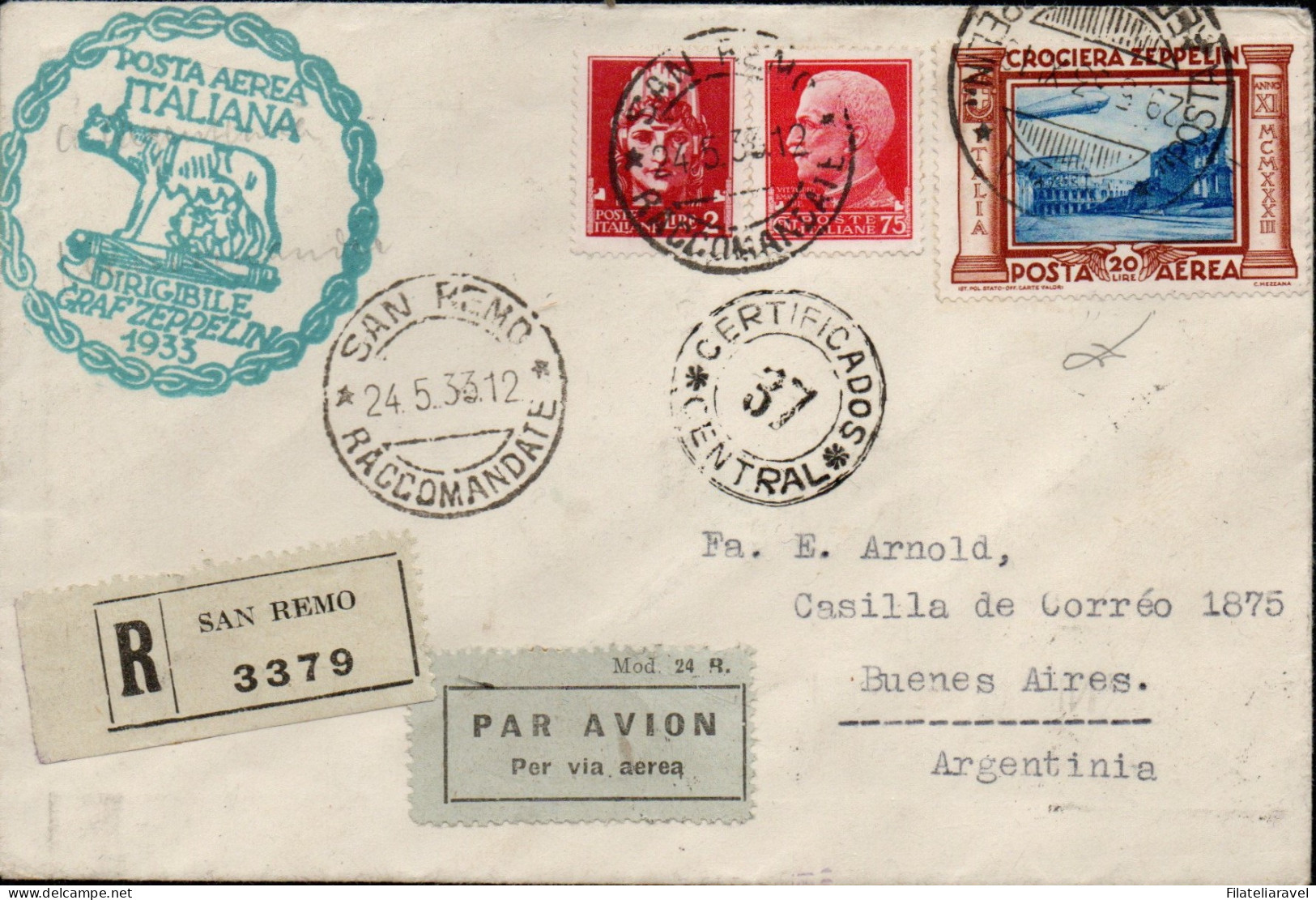 Ltr 1933 - Regno - Aerogramma Zeppelin Roma/B. Aires 75c (252)+2L (255)+20L.(Pa50) In Data 29 Maggio .Viesti (2.400) - Marcophilie (Zeppelin)