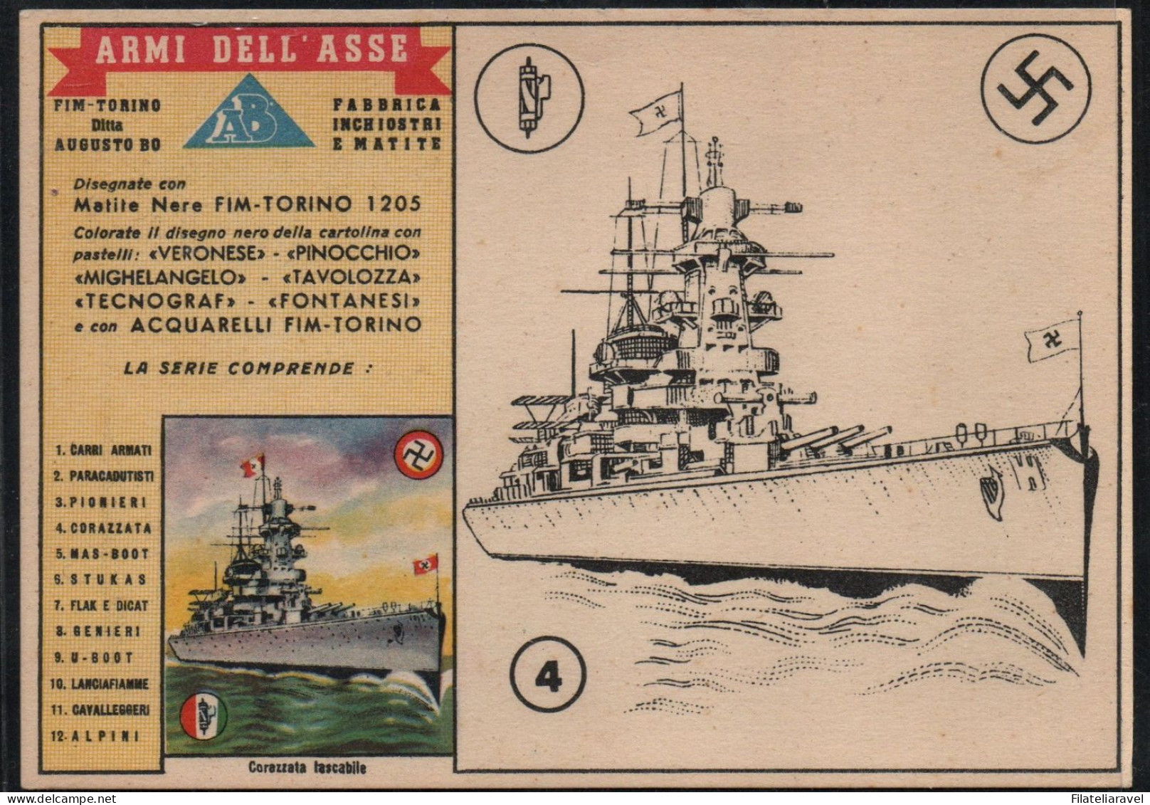 Cart  Cartolina - Militare - Pubblicitarie Le Armi Dell'Asse Da Colorare, N. 2-4-6 E 12, G.Pucci Di La Spezia (24/27) - Taxe