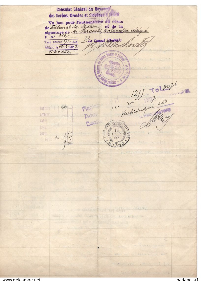 1927. ITALY,MILAN,POWER OF ATTORNEY,ITALIAN AND SERBO CROAT LANGUAGE,2 REVENUE / TAX STAMPS,4 PAGES - Fiscale Zegels