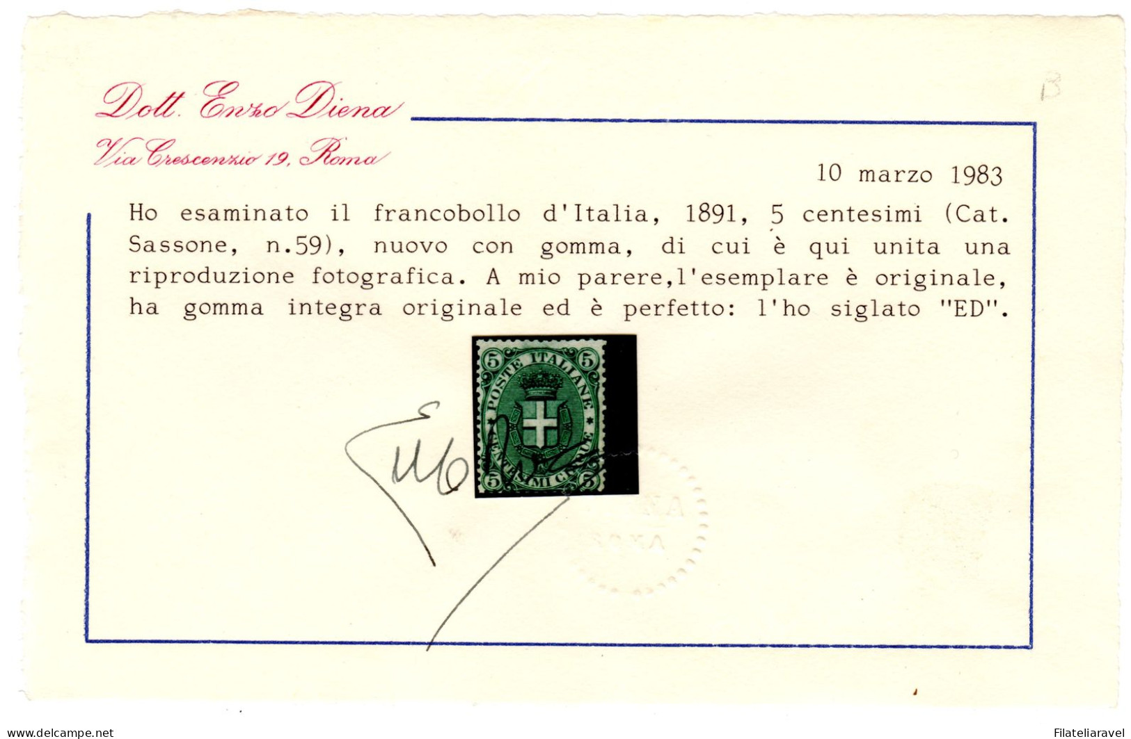 Us 1891 Regno - 5 Cent Verde Sassone N 59 Cert. E. Diena - Ongebruikt