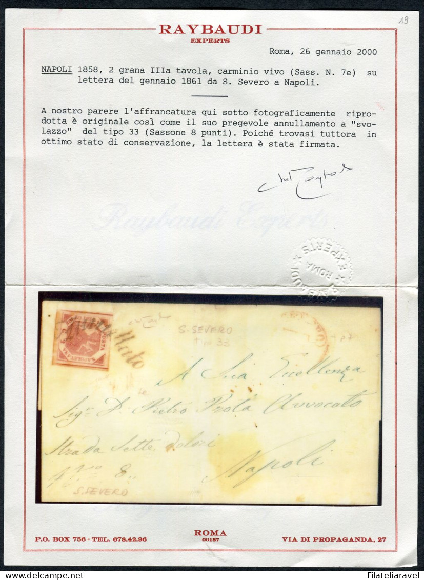 Ltr 1858 - Napoli - Lettera Da S.Severo A Napoli, 2 Gr Carm. Vivo III (7e) Svolazzo Tipo 33 Punti 10, Cert. Raybaudi - Naples