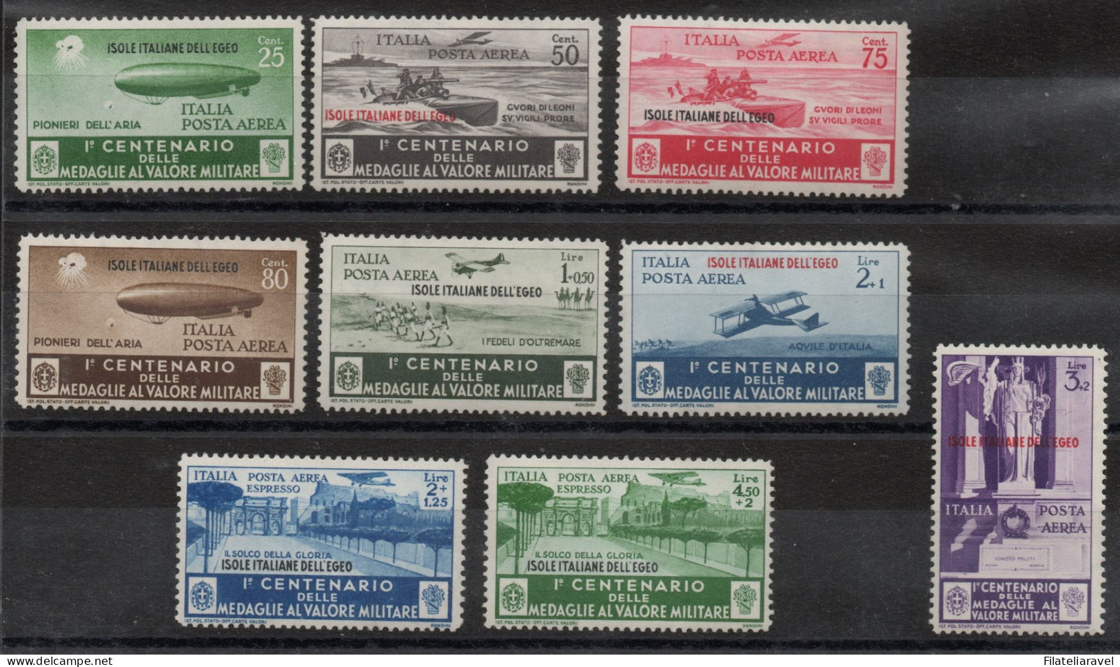 **/* 1934 - Egeo - Medaglie Al Valore (PA 38/46) Posta Aerea Cpl 9 Val Mista, Cert D.Fabris (1.400) - Egée